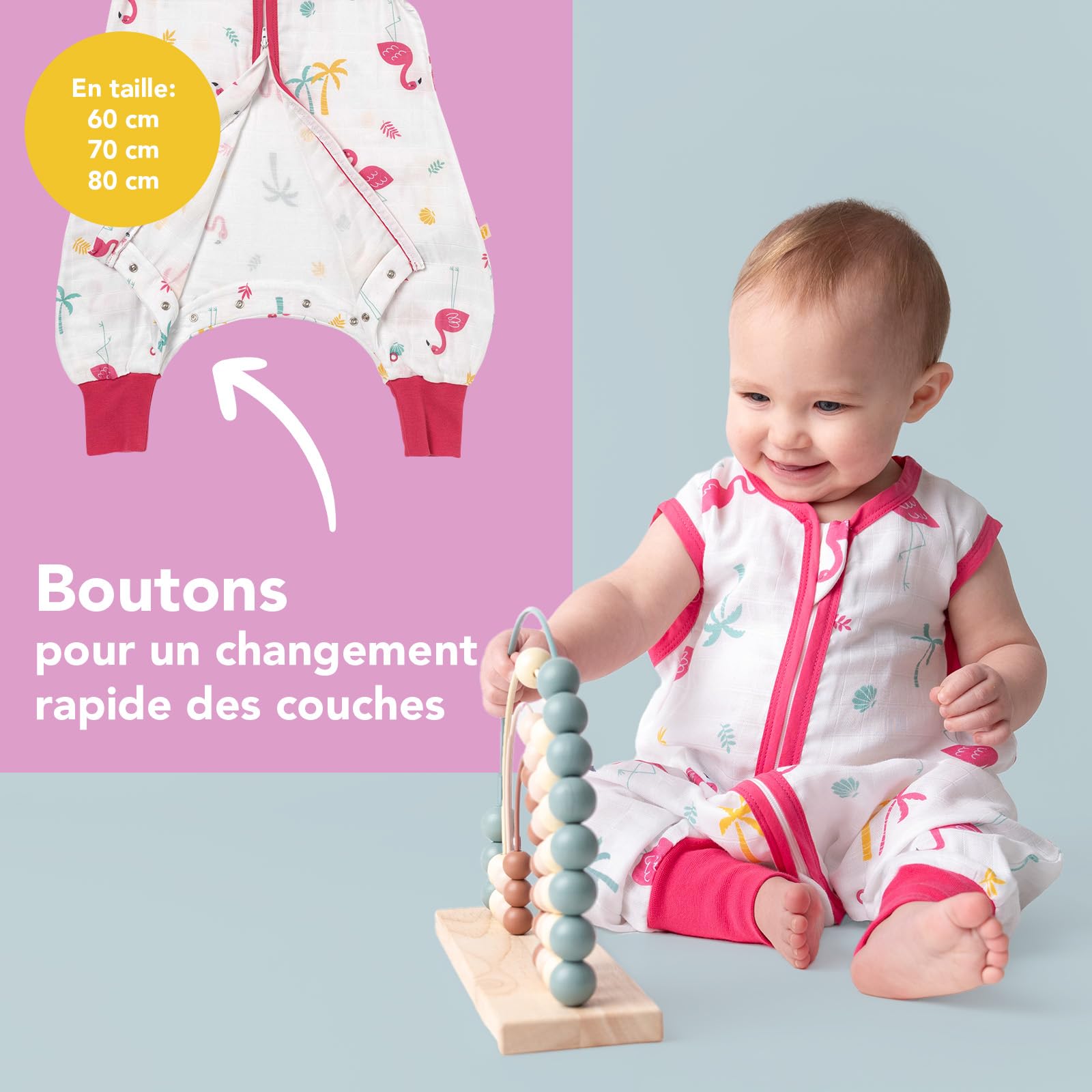 schlummersack Slumbersac gigoteuse à pieds été pour bébé 0.5 Tog 80 cm en mousseline de bambou, douce et légère, Flamant | Turbulette été non rembourrée avec ouvertures aux jambes, taille 80-90 cm