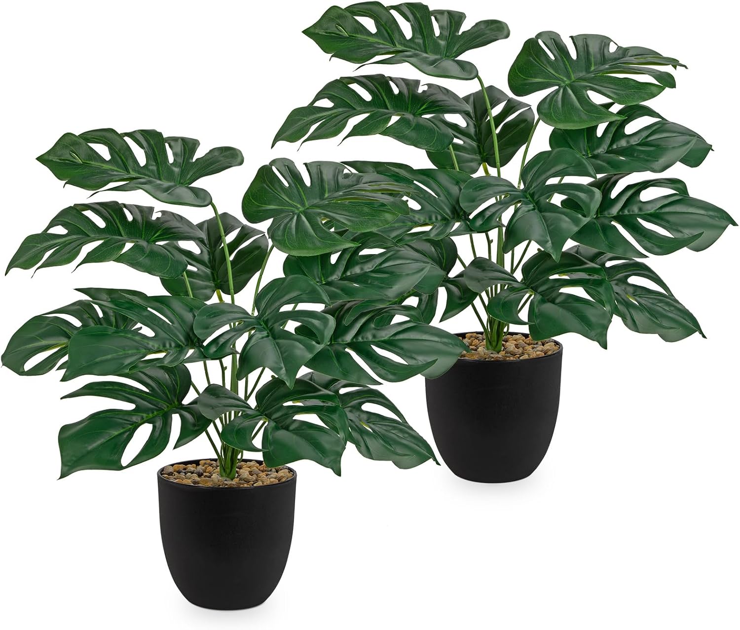 Briful Lush Artificial Monstera Plant - Realistic Green Leaves, Stylish Black Pot, 14.9-Inch Tall, Fake Plants for Home & Office Farmhouse Wedding Decor (2 Piece)