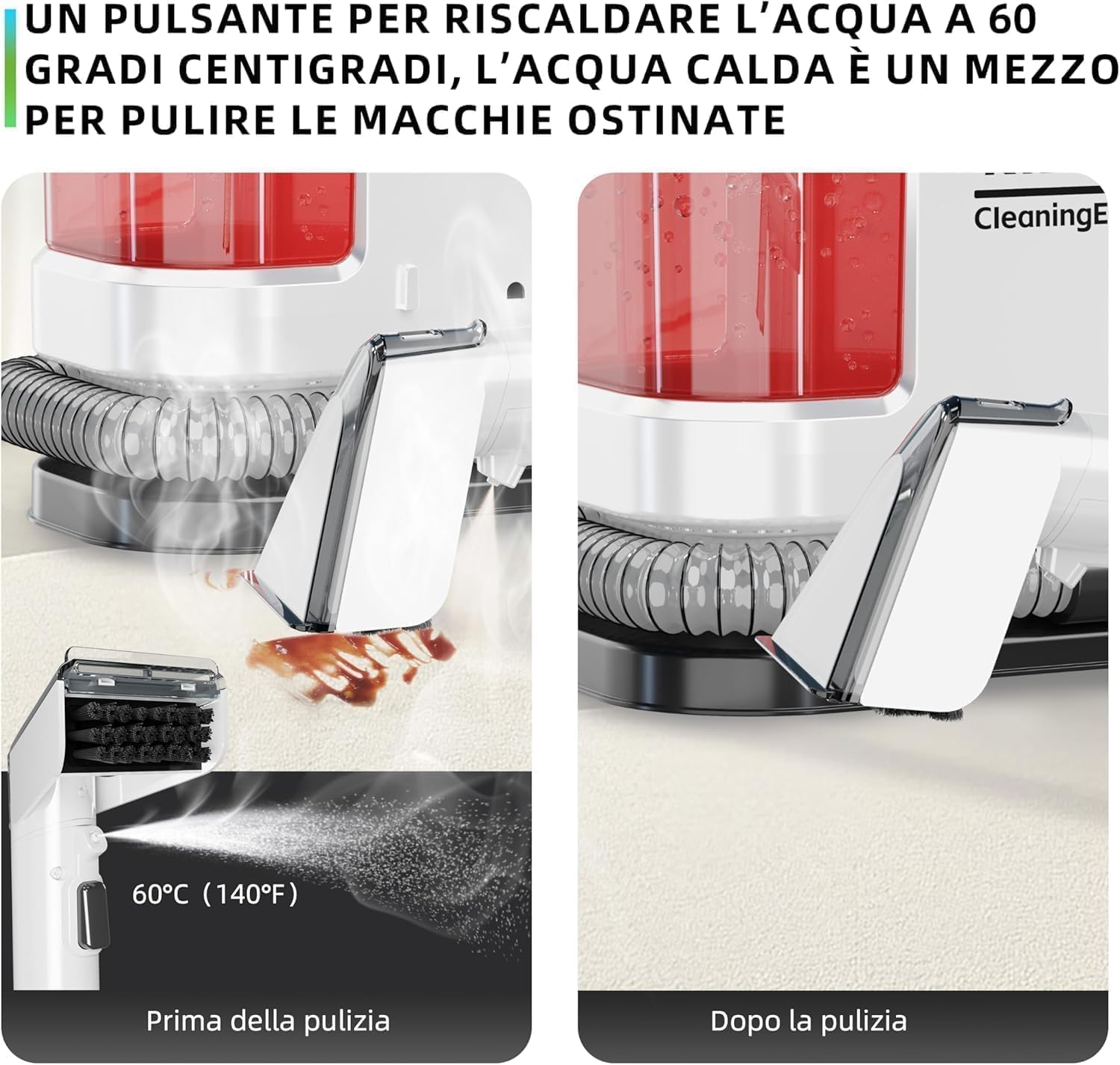 Aspiradora Agua Tapiceria Limpiador, con calentamiento instantáneo, 600W potente succión y limpieza profunda para alfombras, sofás, coches y mascotas (Blanco)