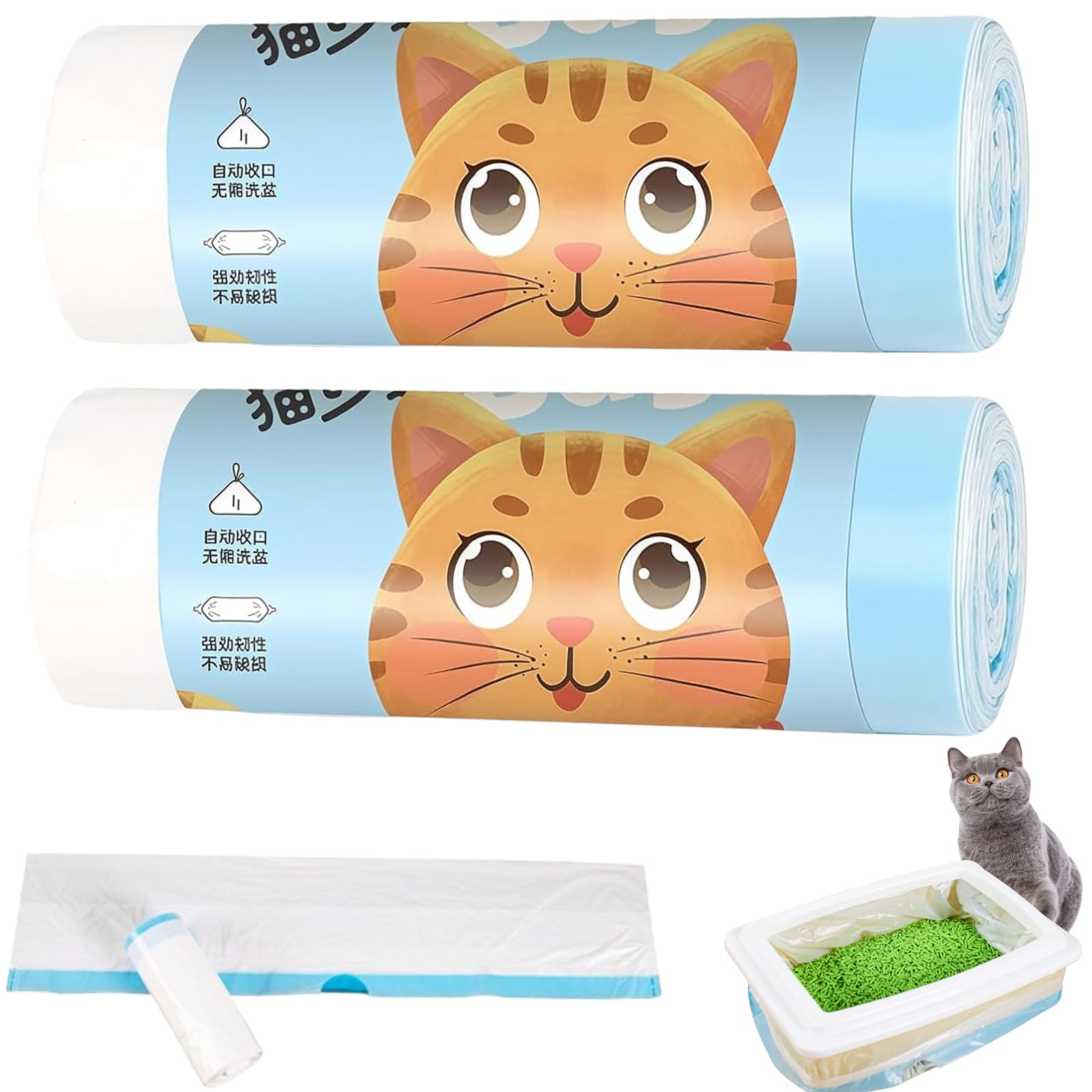 lankai 40 Piezas Bolsas para excrementos para Gatos, 58 x 35 cm Bolsas XL para Arena para Gatos, Bolsas para Desechos de Gatos Antidesgarro con Cordón, Forro Grueso, para Cajas de Arena para Mascotas