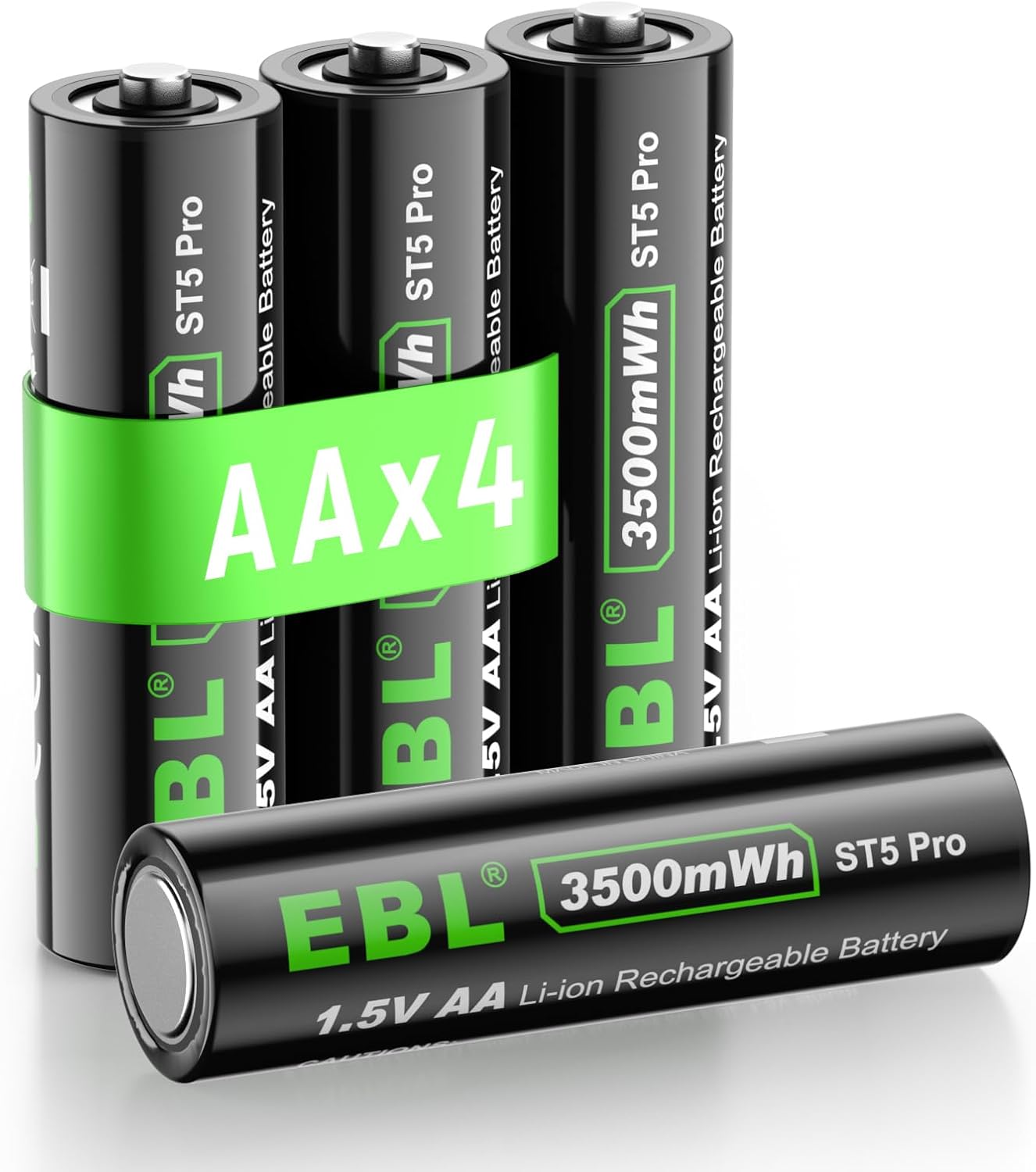 Four EBL 1.5V 3500mWh Li-ion AA rechargeable batteries, with one battery lying in the foreground.