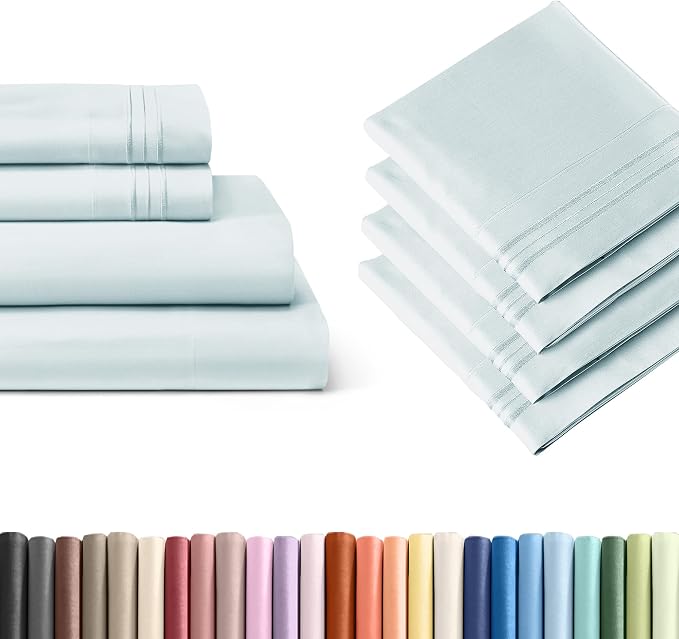 Ice Blue 4-Piece Sheet Set & Pillowcase Bedding Bundle (King Size) - Complete King Sheet Set & 4 Pillowcases w/Deep Pockets up to 16 inches - Comfy, Hotel Luxury Quality - Soft, Breathable & Cooling