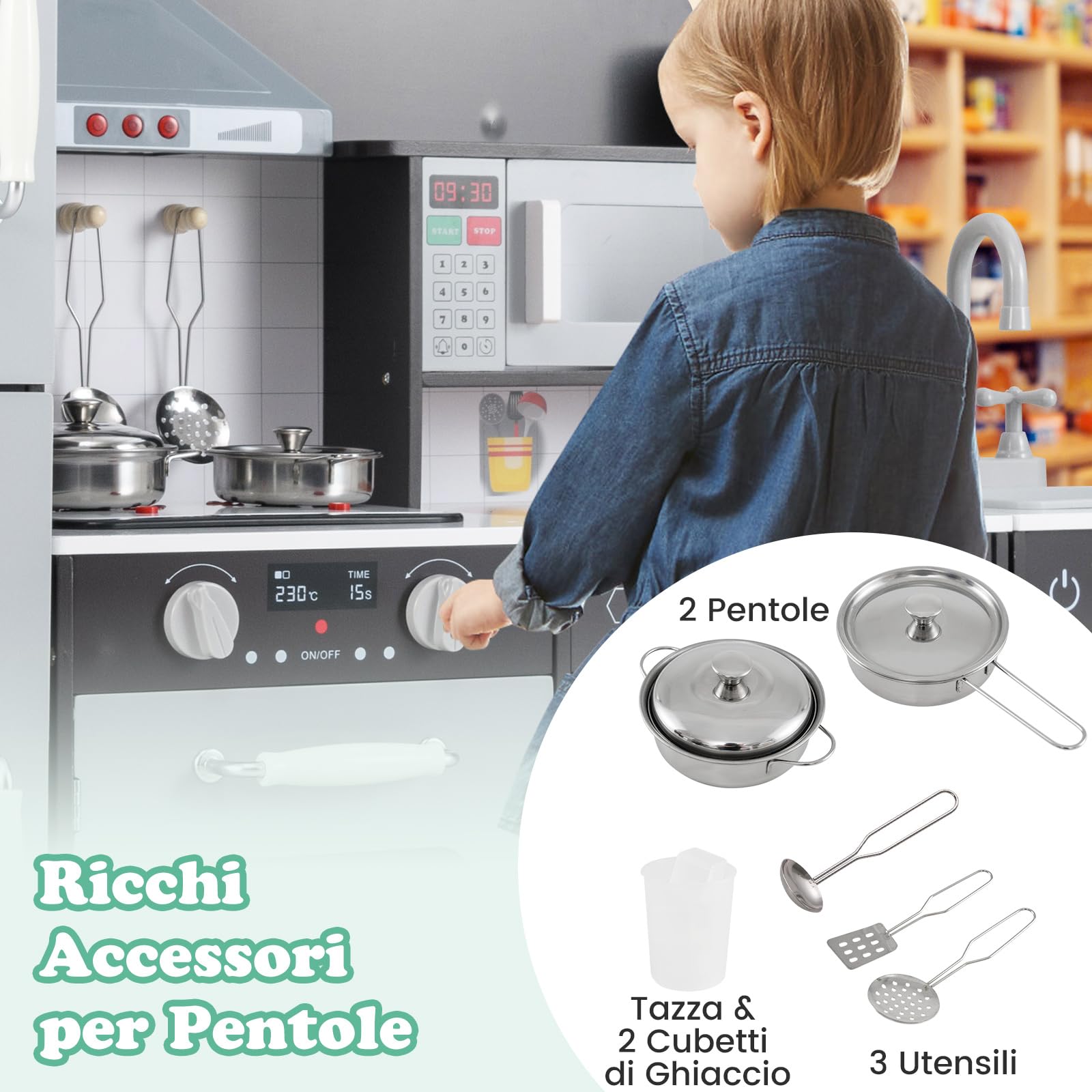 RELAX4LIFE 3 IN 1 Cucina Giocattolo per Bambini, Mini Cucina in Legno, Suoni e Luci Realistici, Cucina Giocattolo con Lavello, Fornelli, Frigorifero, per Bambini 3+ Anni (Marrone)
