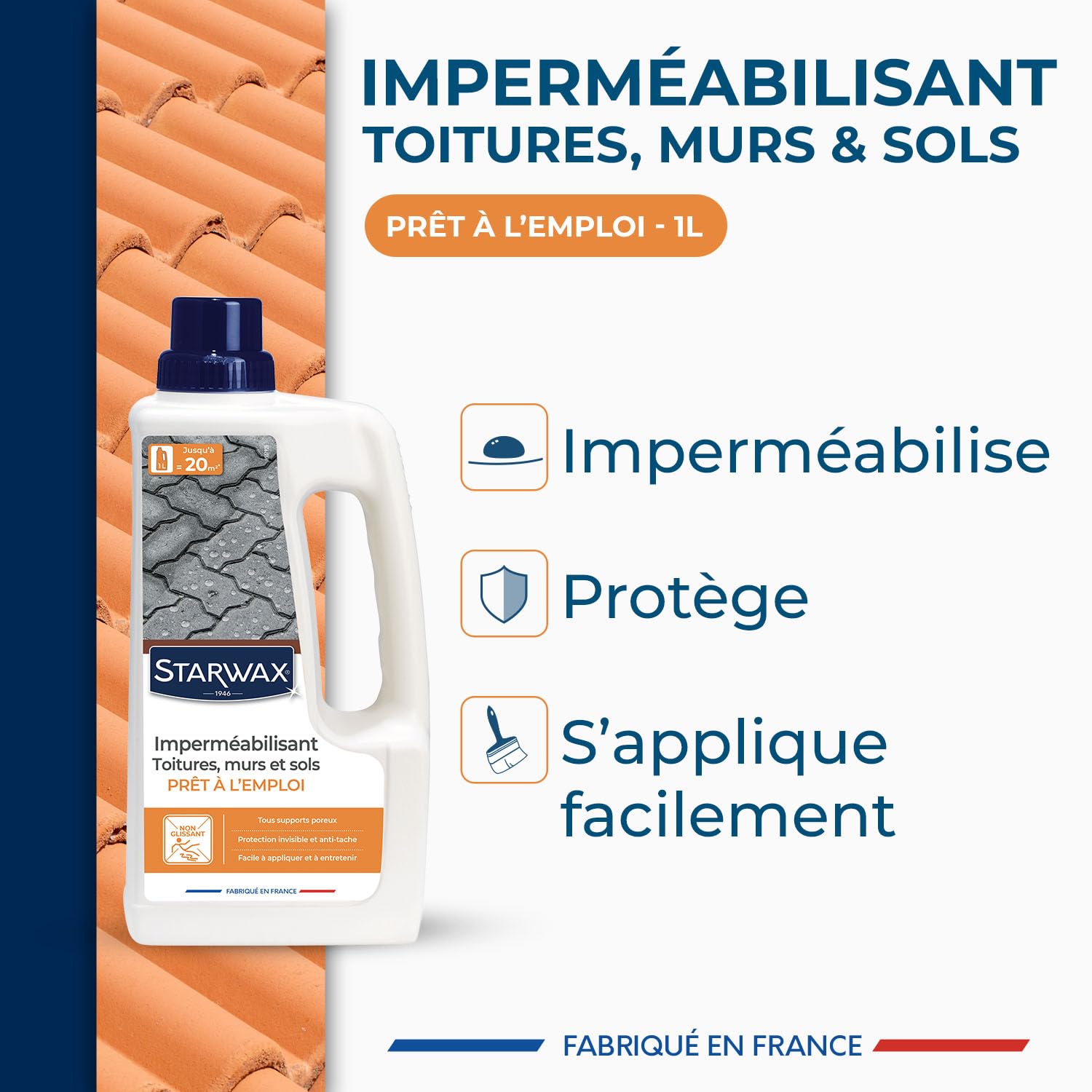 STARWAX Imperméabilisant Toitures Murs Sols Protection Hydrofuge Oléofuge Effet Déperlant Non Glissant Fabriqué France 1L