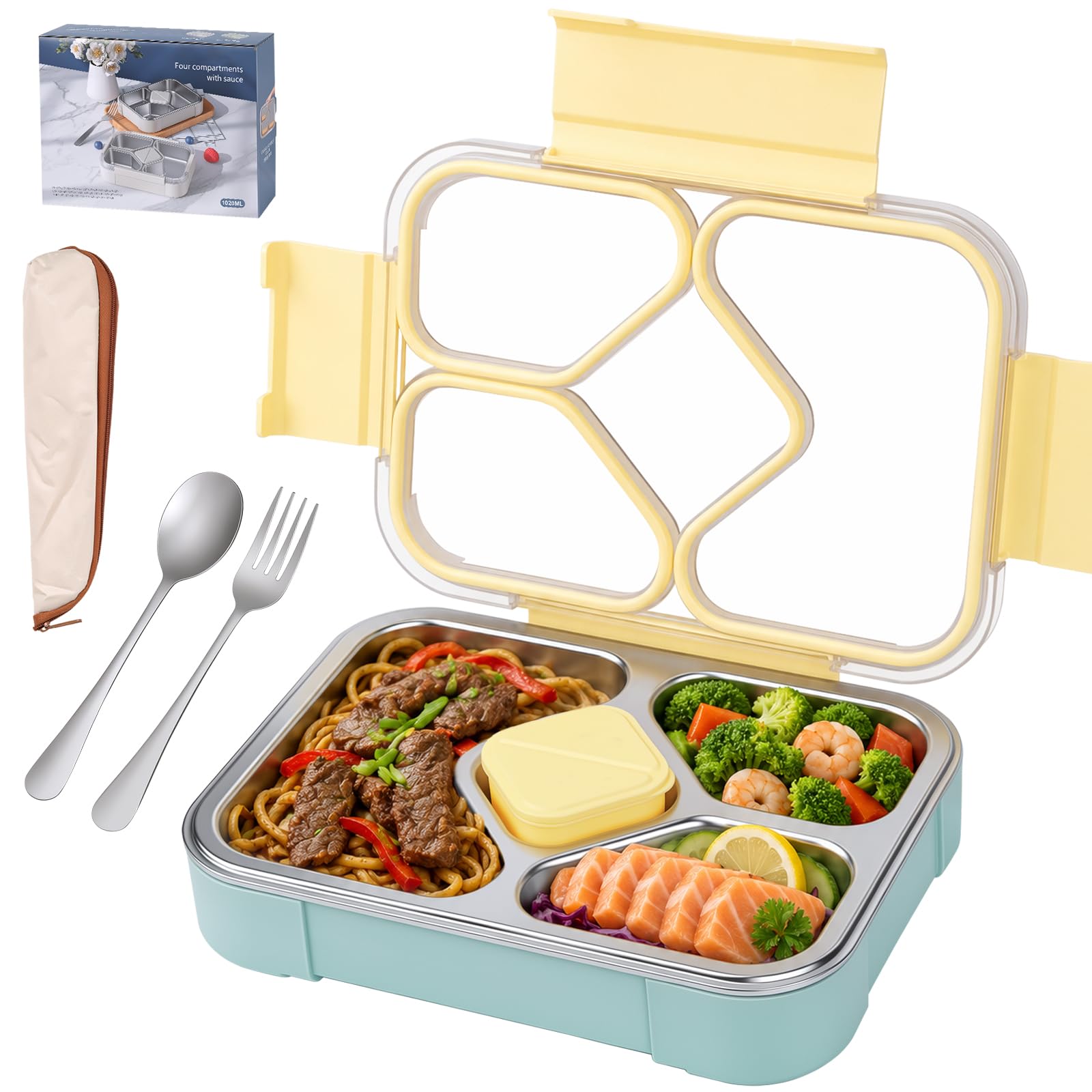 Hysagtek Stainless Steel Lunch Box-1020ml 3+1 Compartment Bento Box with Sauce Cup,Detachable 304 Steel Tray,Leakproof Divided Container with Cutlery&DIY Stickers for Kids Adults School Office Picnic