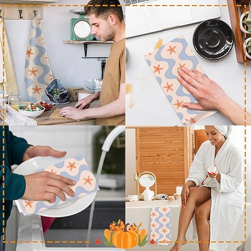 Miniatura 5 de SPBL&L Toallas de cocina retro costeras de playa, preppy océano con estrellas de mar y ondas, paños de cocina decorativos para cocina, playa