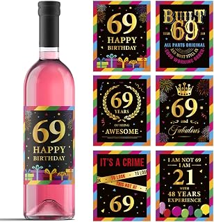 69th Birthday Wine Labels - Wine Bottle Stickers Birthday Supplies for 69 Years Old Happy Birthday Party - Gift Idea for Birthday Anniversary - 69th Birthday Party Decorations [Set of 6]