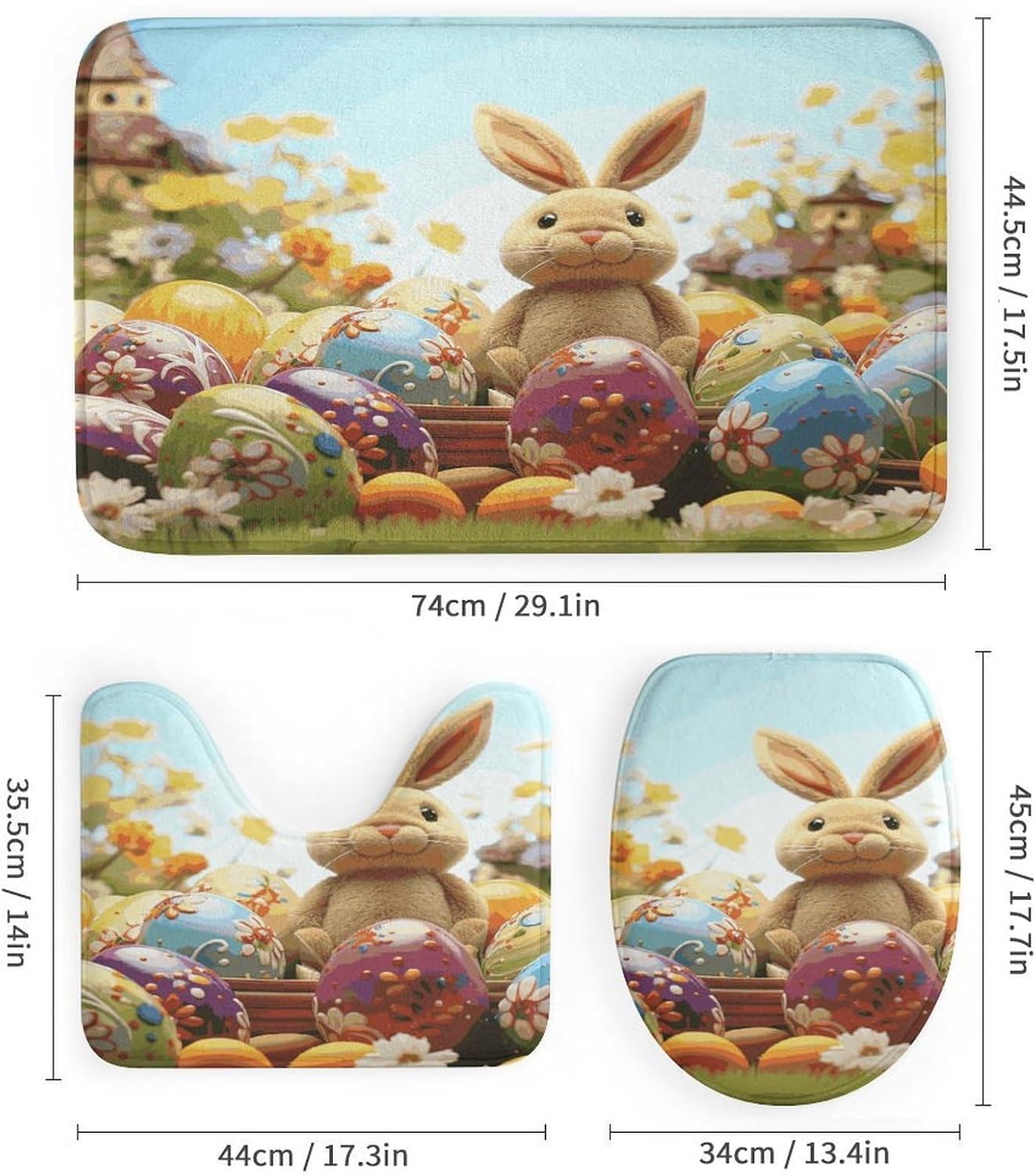 Easter Colorful Eggs 4Pcs Shower Curtain Set with Non-Slip Rugs, Toilet Lid Cover and Bath Mat,Bathroom Set Decor Accessories,Curtain Set with 12 Hooks, 72 X 72 Inch