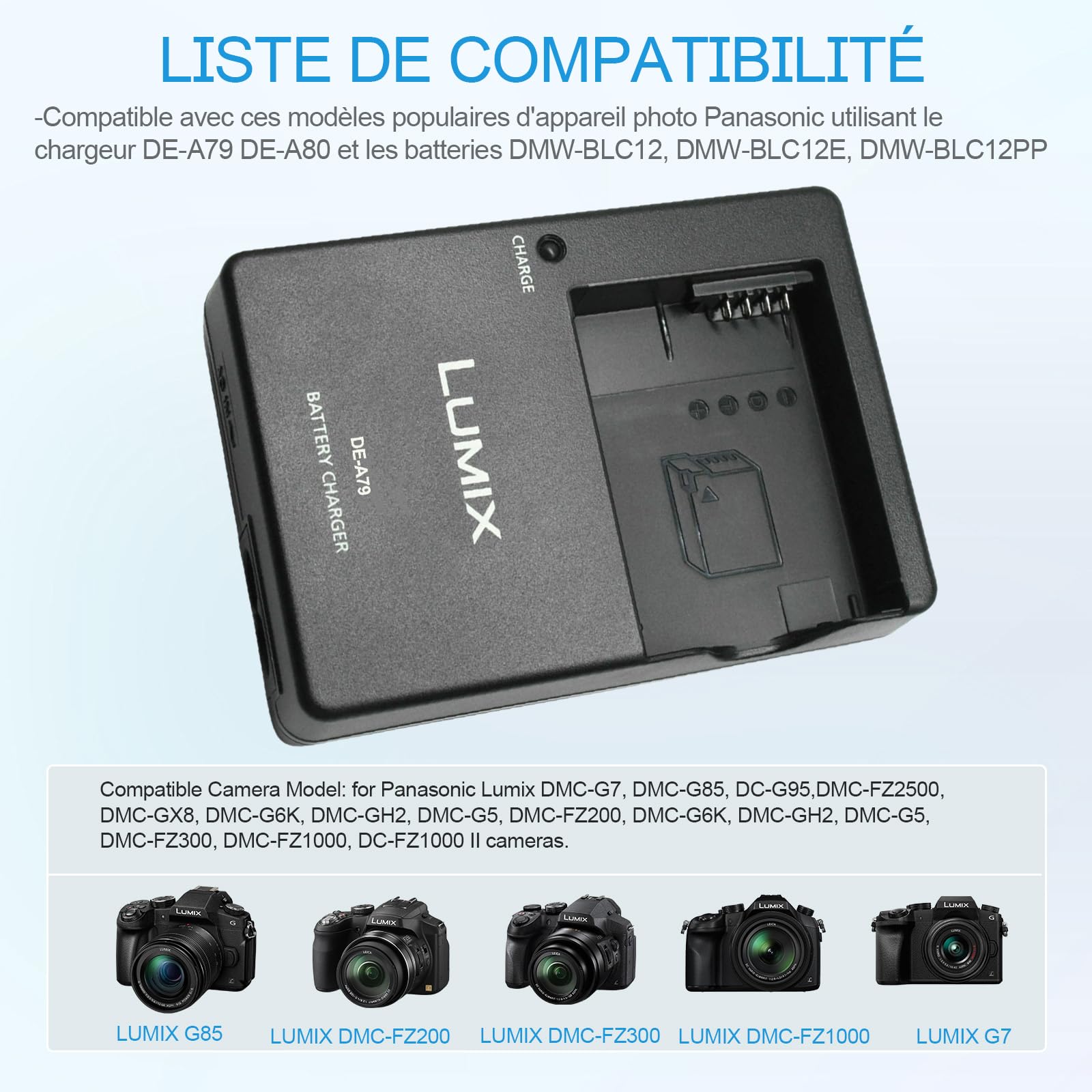 DE-A79 DE-A80 DMW-BLC12 Chargeur de Batterie Compatible avec Panasonic Lumix DC-FZ1000 II, DC-G95, DMC-GX8, DMC-FZ200, DMC-FZ300, DMC-FZ1000, DMC-FZ2500, DMC-G7 HS Appareil Photo & 120cm AC Cord