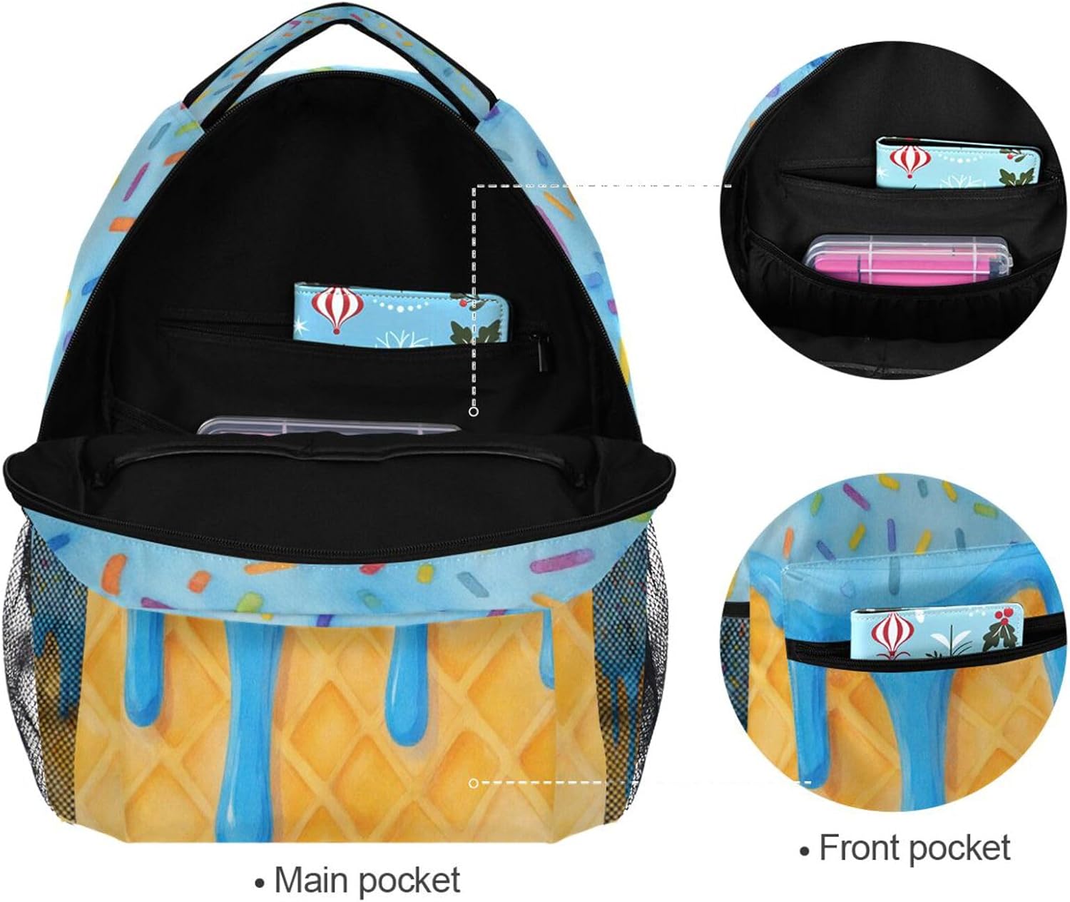 QUGRL Blue Ice Cream Drip Backpack for School Girls Boys Summer Waffle Large Bookbag Laptop Computer Hiking Travel Bag Casual Daypack Elementray Schoolbag for Teens Adult 16 Inch