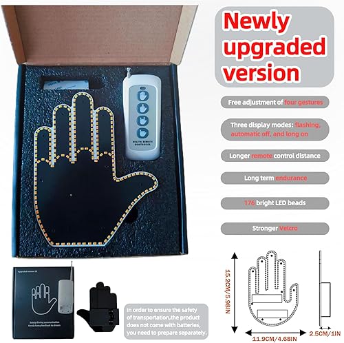 Miniatura 6 de Glogesture - Luz de dedo medio para automóvil, señal LED de furia de carretera para automóvil, luz de mano para ventana de automóvil con control