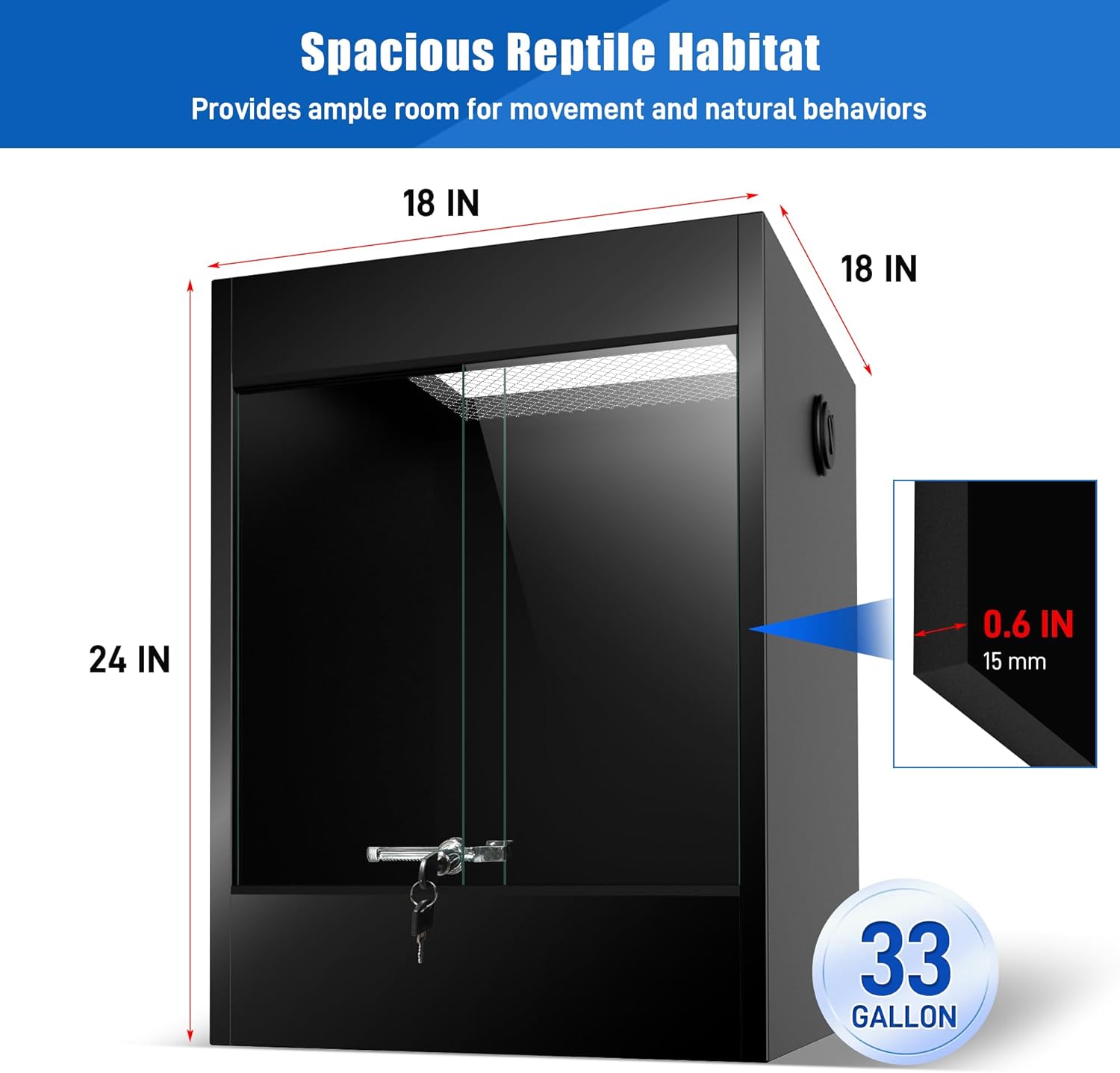 PVC Reptile Enclosure Terrarium 33 Gallon Reptile Tank, Front Opening Tall Bearded Dragon Tank 24"x18"x18" with Tempered Glass Sliding Doors, Lock & Top Screen Ventilation for Geckos Snake Lizard
