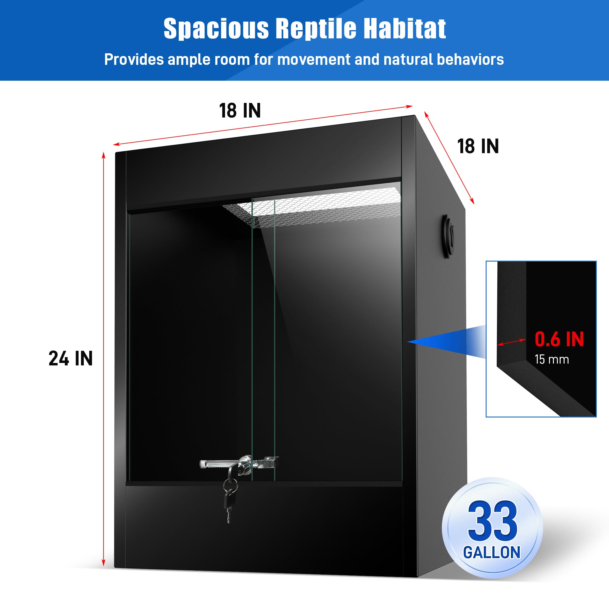 Terrario per rettili in PVC, 33 galloni, con apertura frontale e drago barbuto, 61 x 45,7 x 45,7 cm, con porte scorrevoli in vetro temperato, blocco e ventilazione dello schermo superiore per gechi