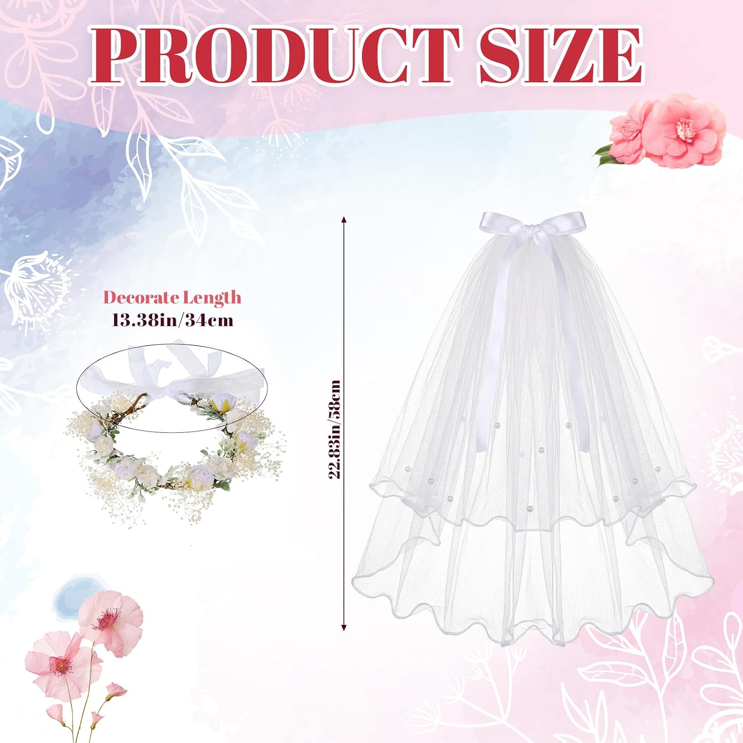 First Communion Veil, White Lace Veil Headband with Bow for Girls | for dress up wedding party, flower charm vine, 2-layers