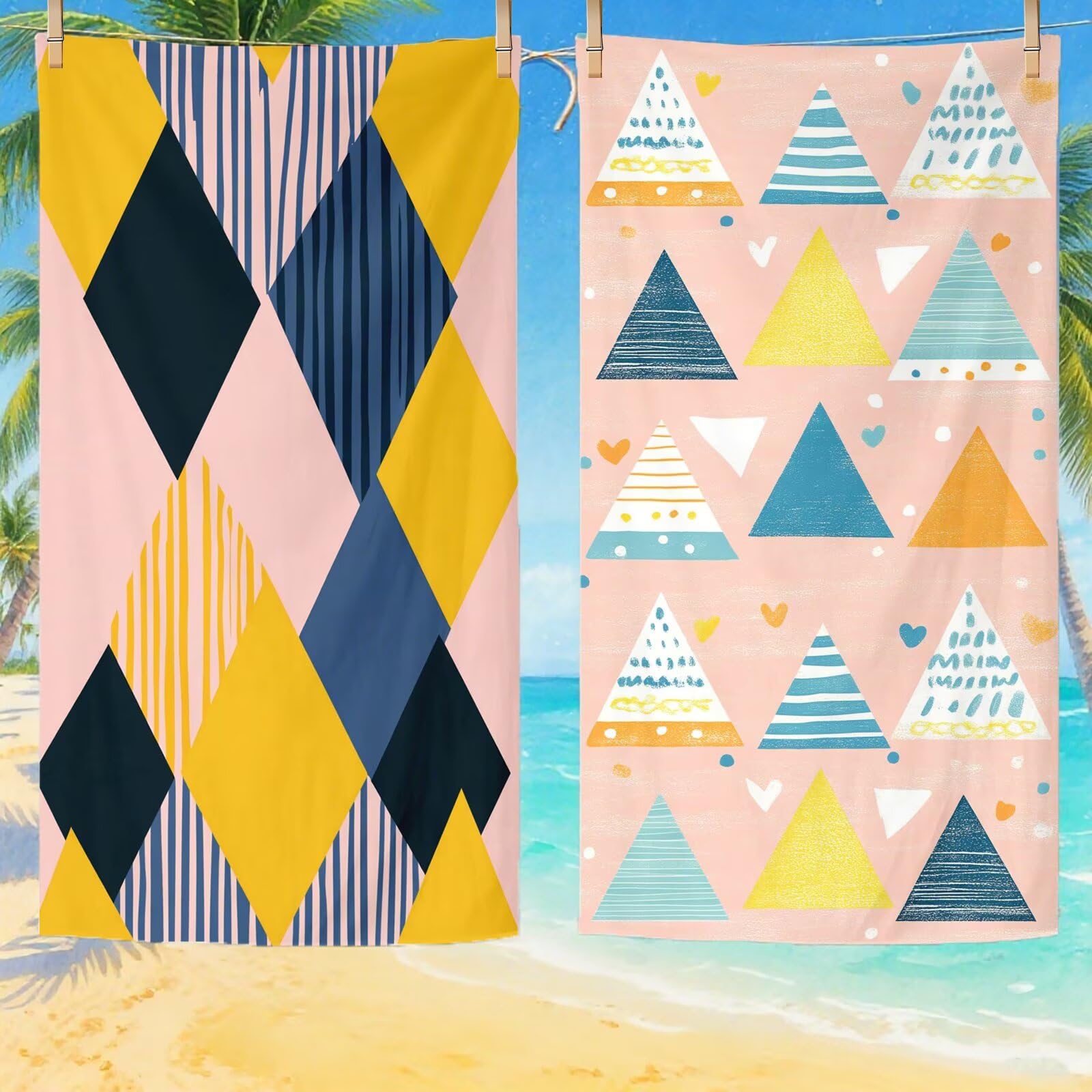 Serviette de Plage Microfibre Serviette Plage 100x220 2 Pack Séchage Rapide, Anti-Sable, Absorbante Fonction drap de plage xxl pour Bain, Sport, Voyages, Sauna, Piscine, Yoga, avec Sac Géométrie Q-780