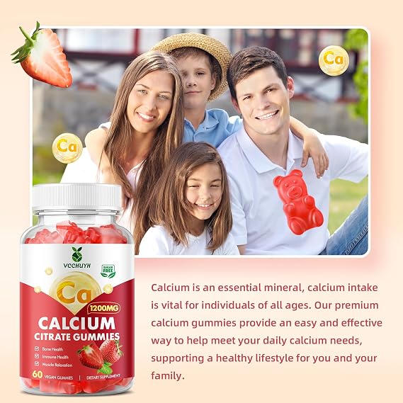 Calcium Citrate Gummies 1200mg, Chewable Calcium Supplements for Women & Men, Sugar Free Calcium Gummies for Bone, Muscle & Immune Support, Strawberry Flavor 60 Count