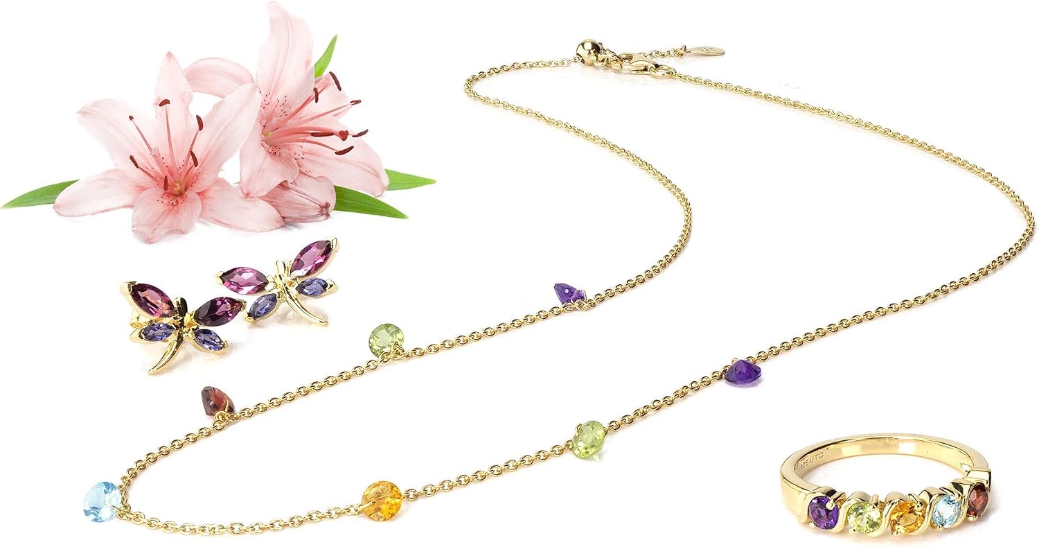 1.96 carats Genuine Multi Color Gemstone Necklace in 14K Gold Plated Sterling Silver, Lobster Clasp
