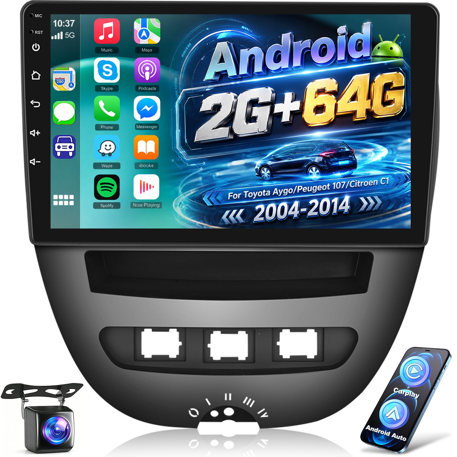 [2G+64G] Android Autoradio per Toyota Aygo/Peugeot 107/Citroen C1 2004-2014 con Senza Fili Carplay e Android Auto, Autoradio Touch Screen HD da 10,1 pollici con GPS/WiFi/Bluetooth/EQ/FM RDS