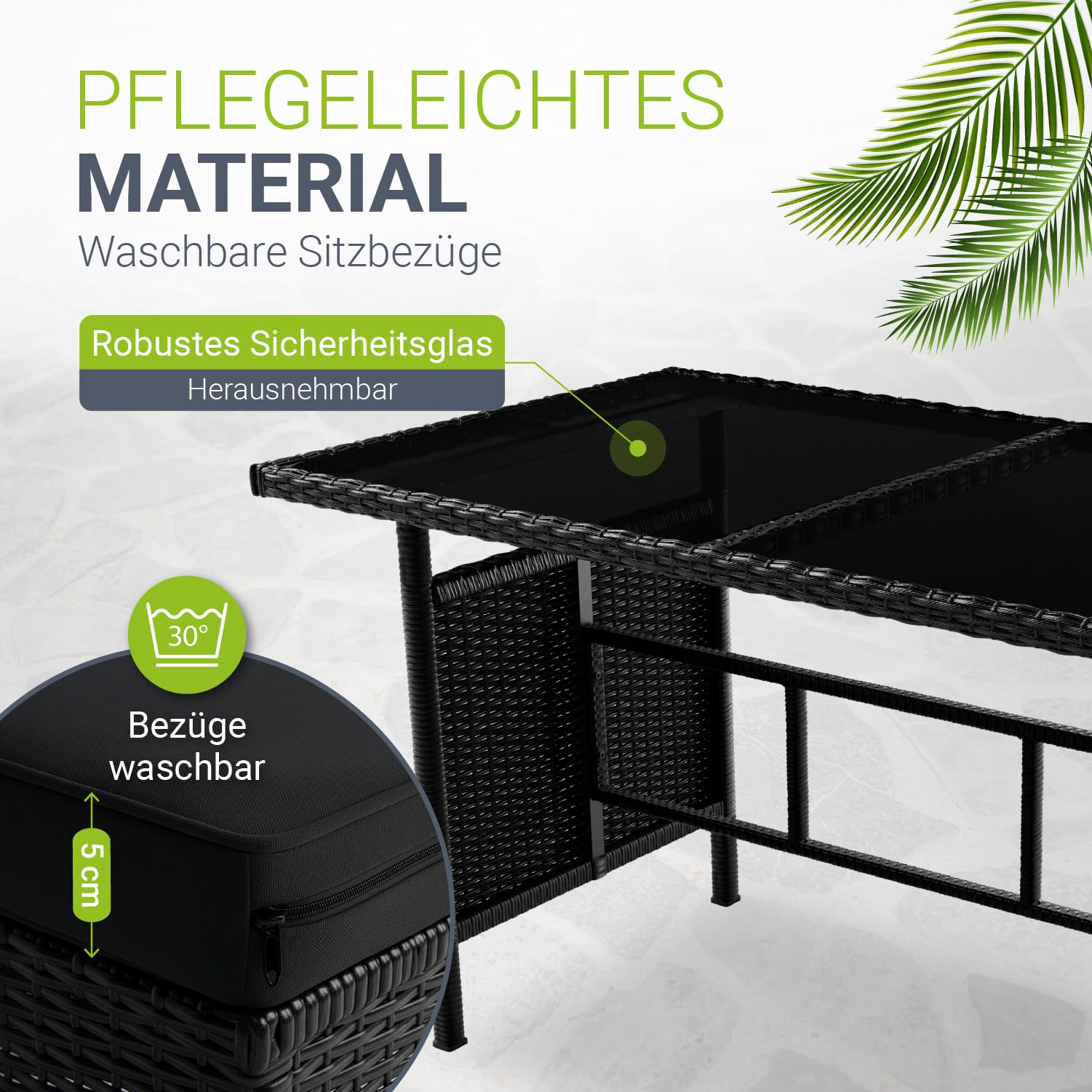Juskys Polyrattan Lounge Manacor mit Ecksofa, Esstisch, 2 Hocker & Kissen - wetterfest bis 7 Personen - Bezüge waschbar - Rattan Garten Sitzgruppe Gartenlounge Gartenmöbel Set - Schwarz/Grau