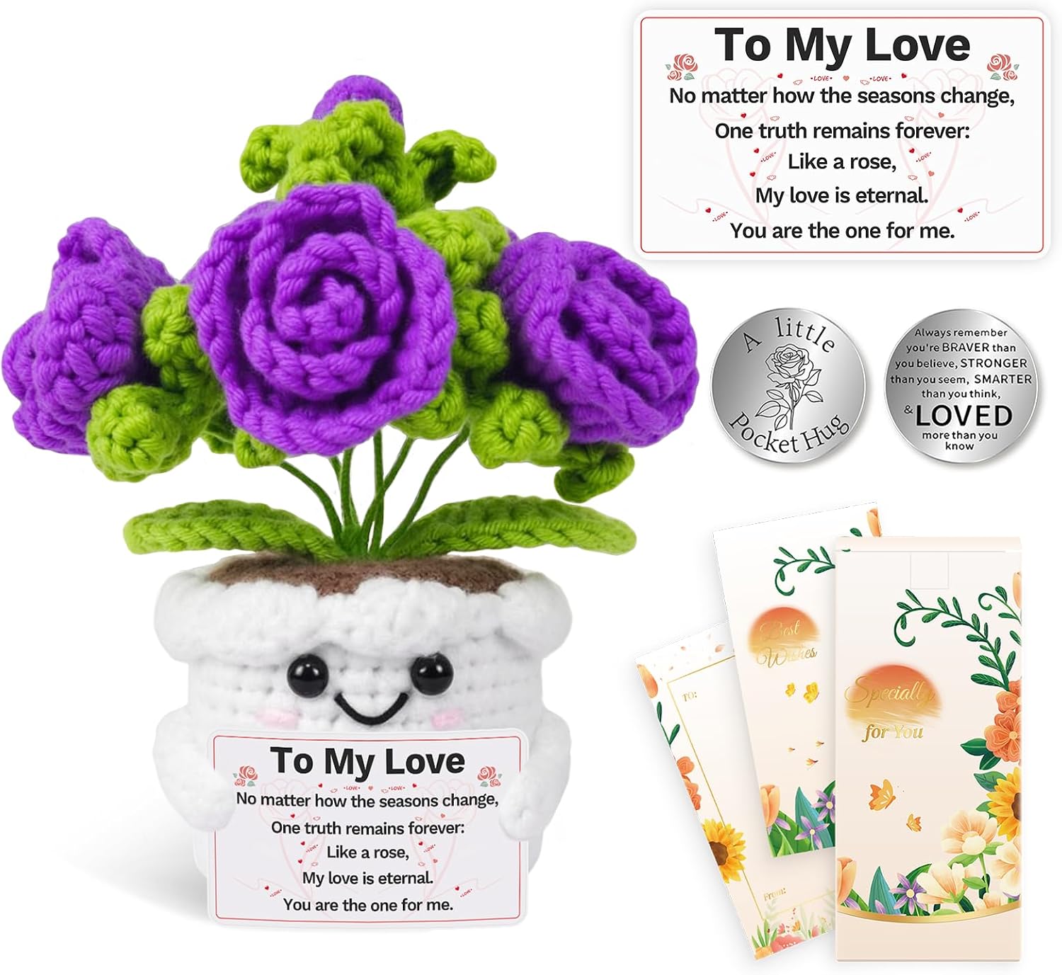 Gifts for Her,Handmade Crochet Flower Bouquet with Sentiment Card & Pocket Hug - Eternal Rose Desk Decor for Anniversary, Birthday, for Women, Her, Girlfriend, Wife