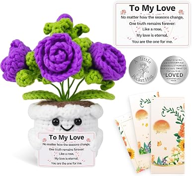 Purple Crochet Rose Bouquet Gift Set for Her with Card