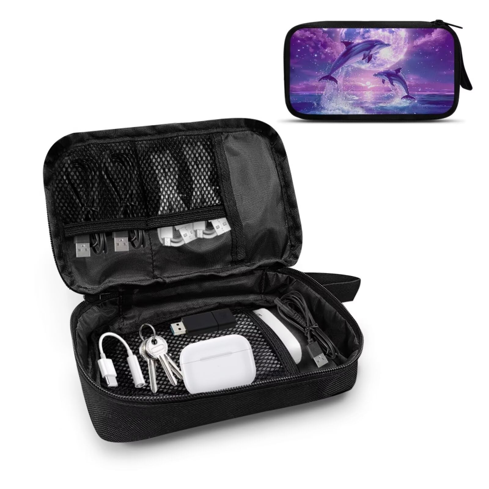 Sepetwhos Purple Moonlight Dolphin Print Storage Pouch - Earphone, Cable Organizer, Power Bank & Data Cables Storage, Headset Organizing Multipurpose Bags
