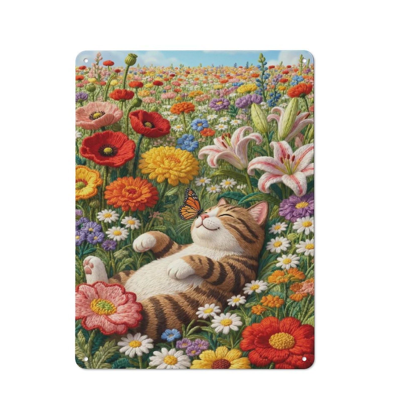 Junmoney Style-24 Vintage Cat Nap In Flower Field Garden Room Metal Sign 40X30cm, Porch Wall Decor For Conservatory, Home Bar Or Utility Room