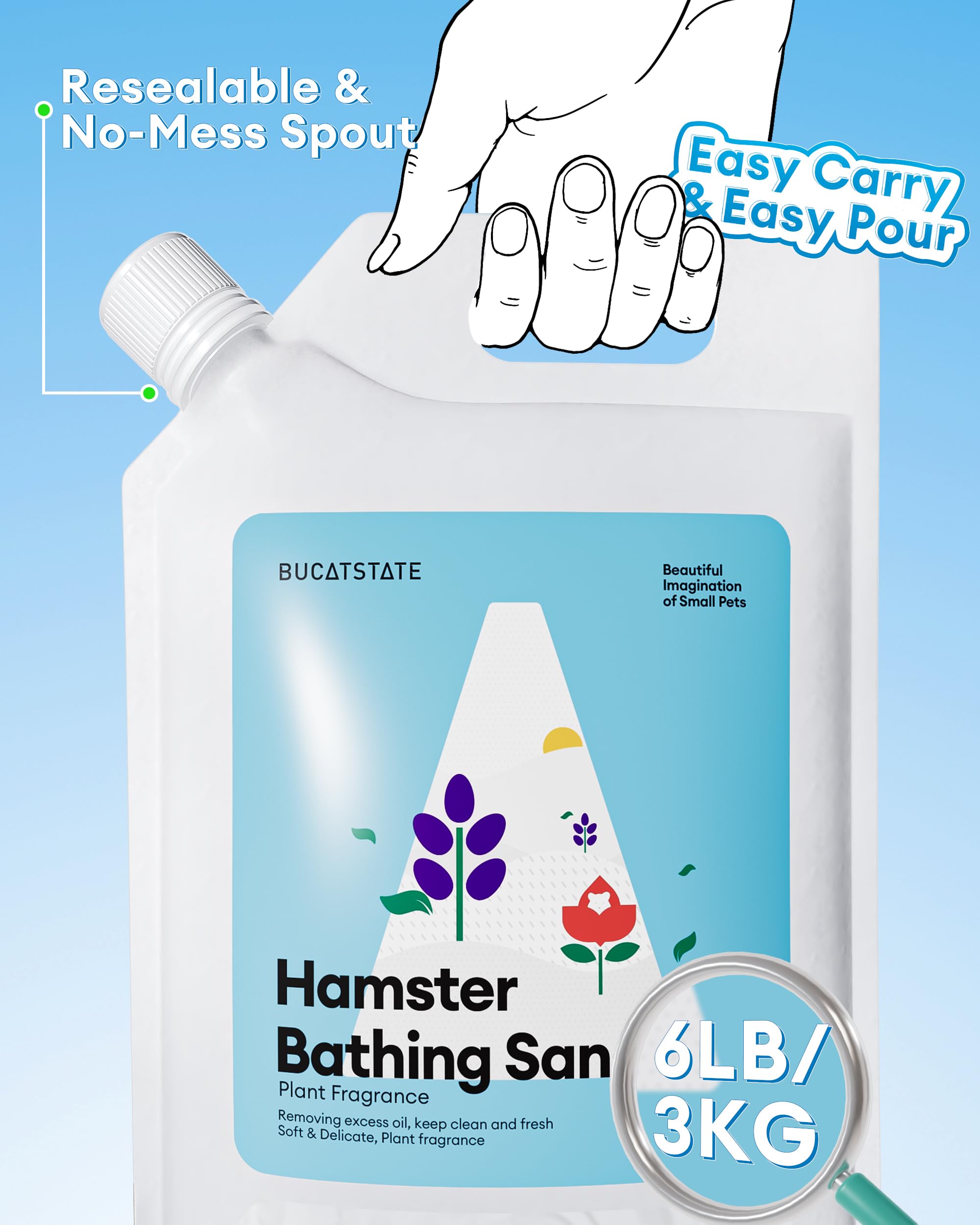 BUCATSTATE Sable de hamster avec bec verseur, 3 kg de sable de chinchilla naturel, sable de bain du désert sans poussière, sable à litière pour hamster gerbille (parfum végétal)