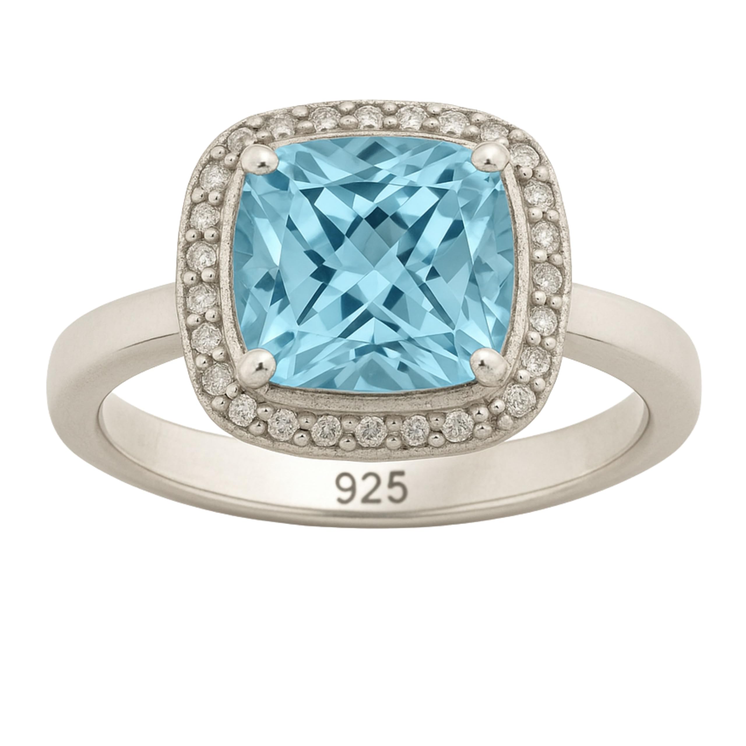 Blautopas 10x10mm und Zirkon Sterling Silber Ring - Natürlicher Edelstein - Geburtstagsgeschenk - Handgefertigte Geschenkideen für Frauen (Größe: US Size 9 / Diameter 19)