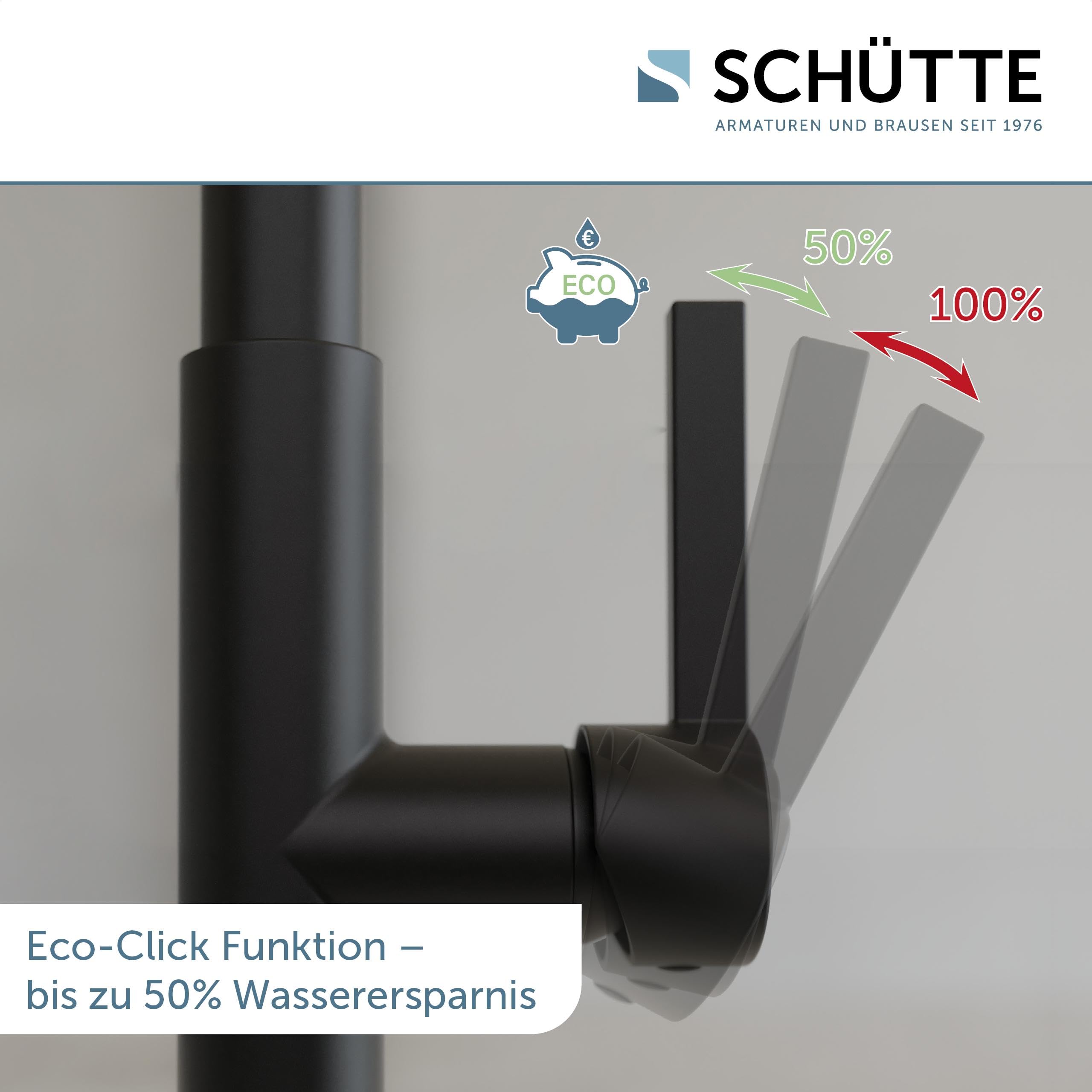 SCHÜTTE GLASGOW Schwarz Flexible Spültischarmatur mit Eco-Click-Funktion, biegsamer Wasserhahn für die Küche schwarz, Auslauf mit Soft-Touch-Schlauch, 360 Grad schwenkbar, Wasserhahn Küche, 79586