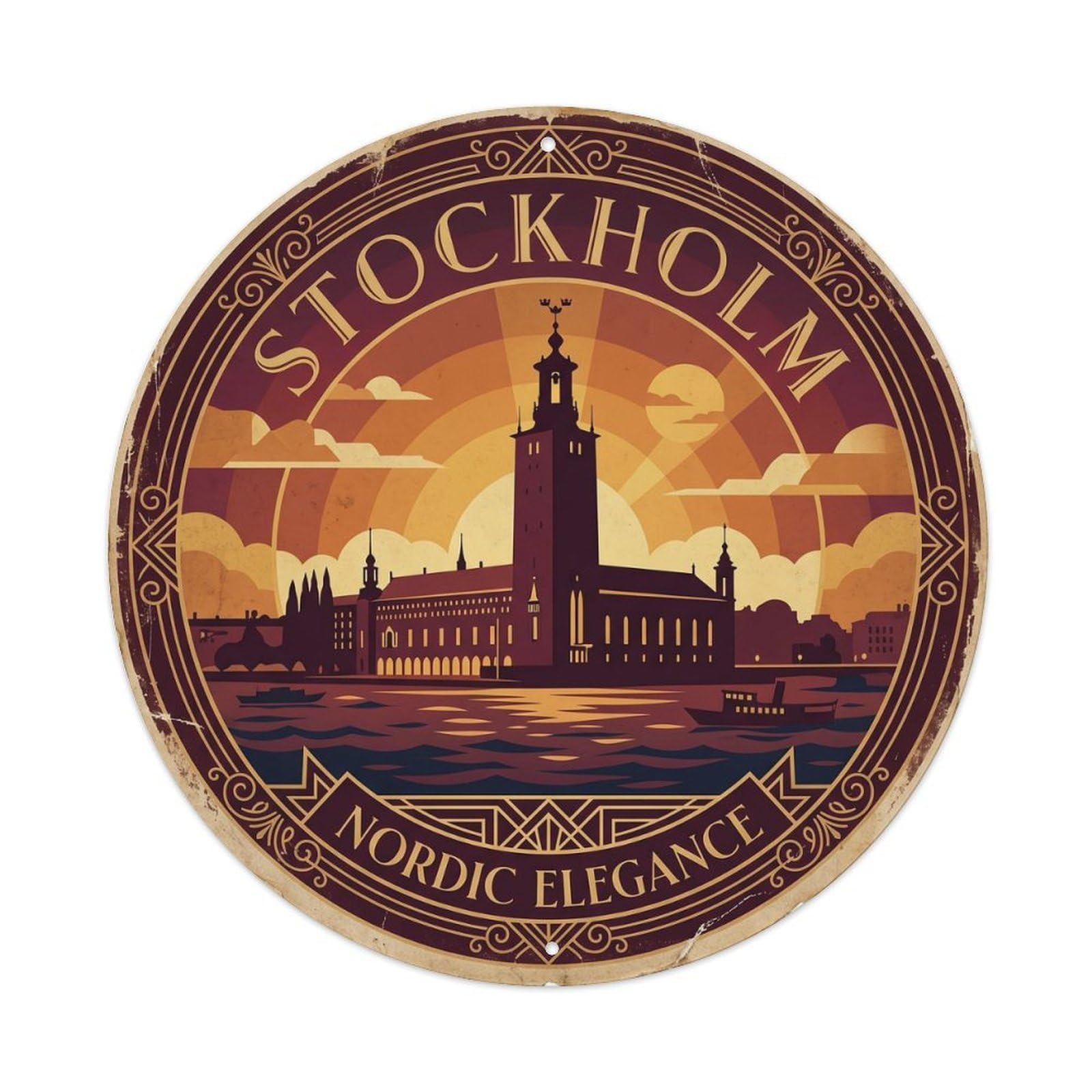 Vintage Travel Stockholm Sweden Cityhall Metal Tin Sign