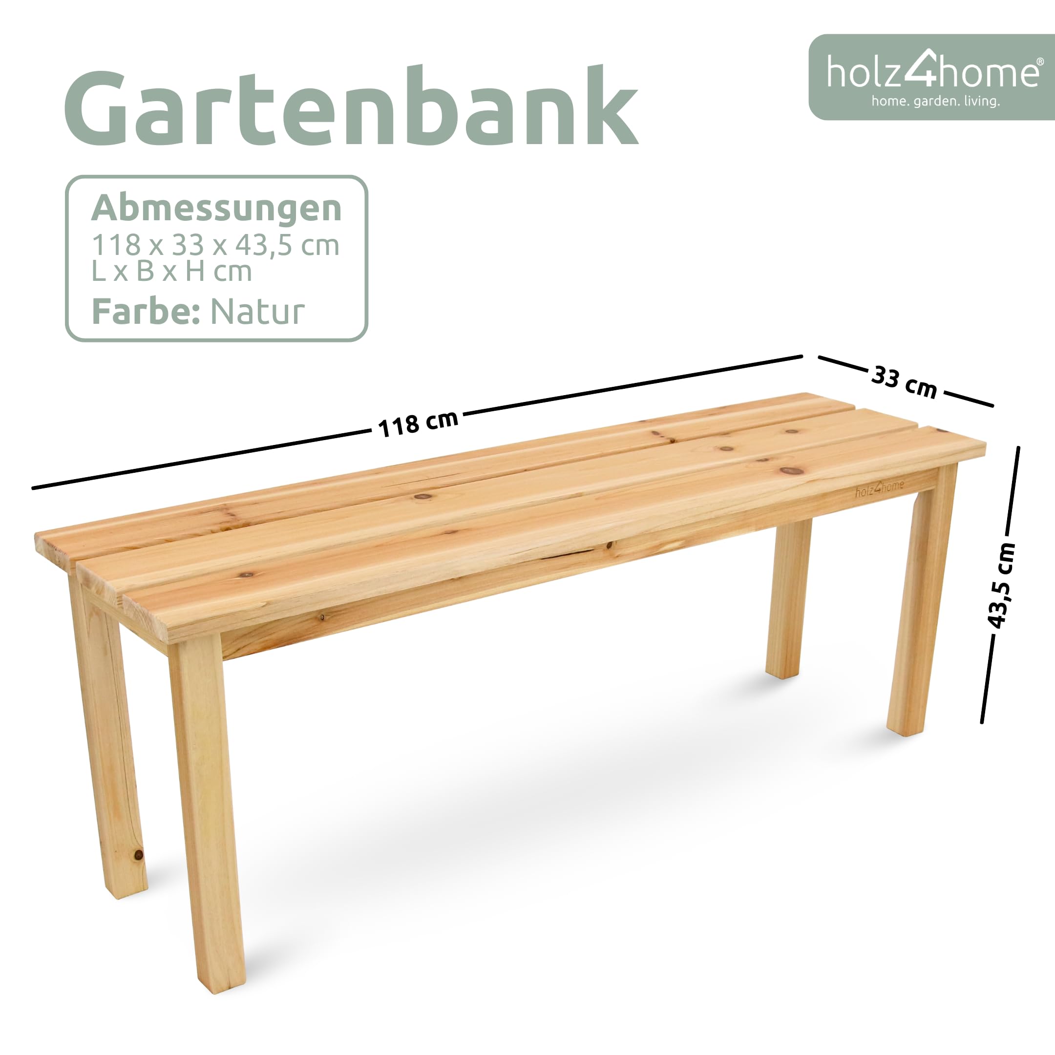 holz4home® Gartenbank Holzbank Natur Hell I Kleine Bank ohne Lehne I Parkbank 2-3 Sitzplätze für Terrasse Garten Balkon I Für Kinder & Erwachsene