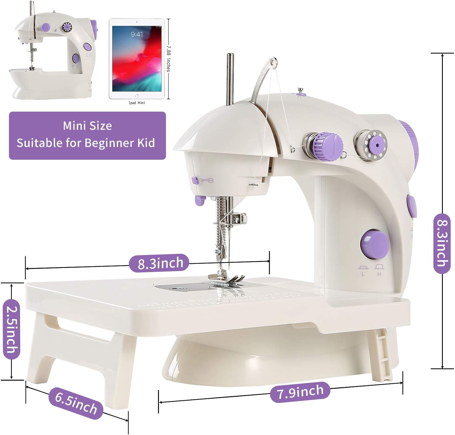 Mini Sewing Machine with DIY Materials for Beginner Kid, Enjoylf Portable Sewing Machine with Extension Table,Lamp,Cutter and Foot Pedal 2-Speed 2-Thread