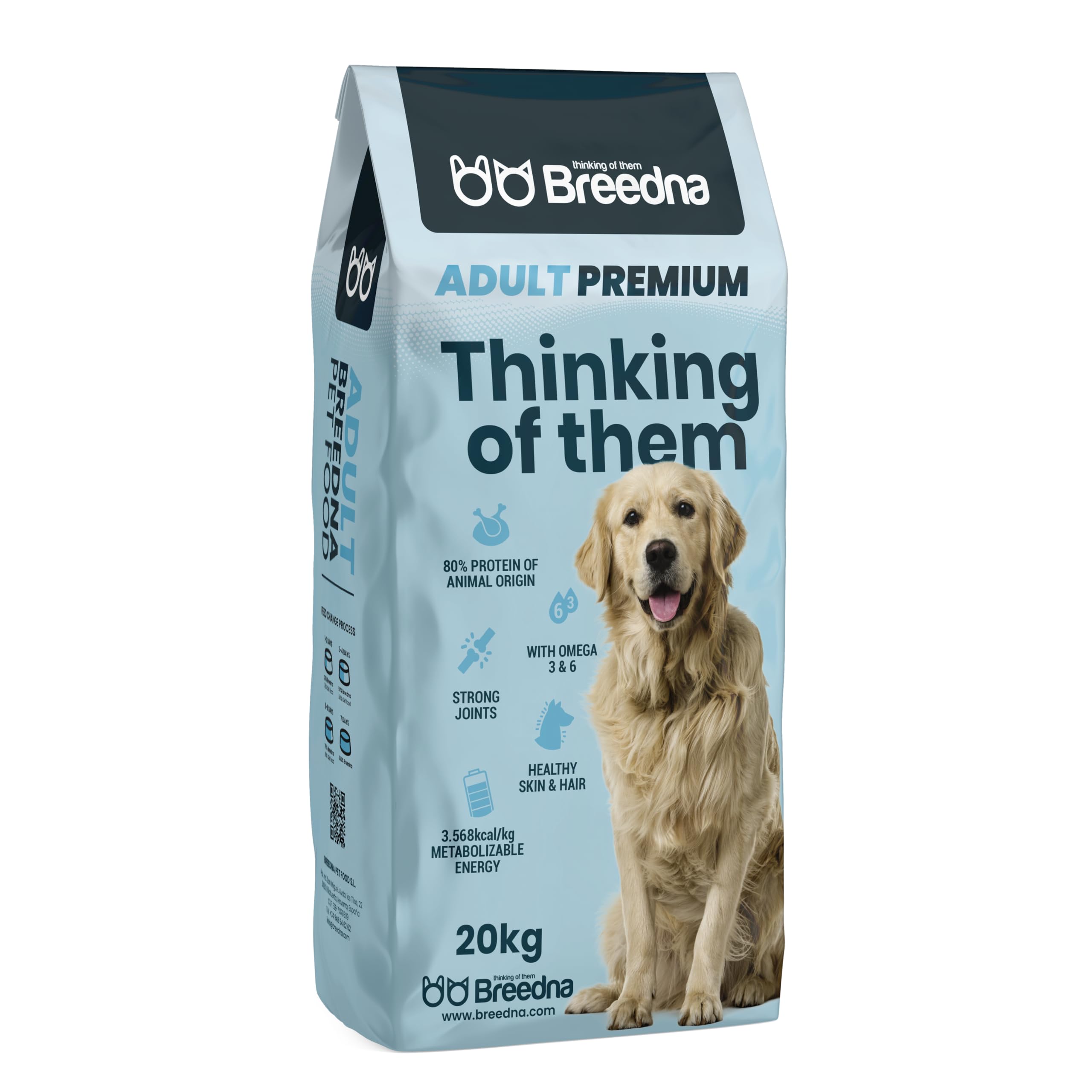 BREEDNA - Adult Premium 20kg | Pienso para Perros Adultos con Pollo Deshidratado | con 80% de Proteína y Ácidos Grasos Omega 3 y 6 | Comida para Perros Ideal para Actividad Física Media/Alta