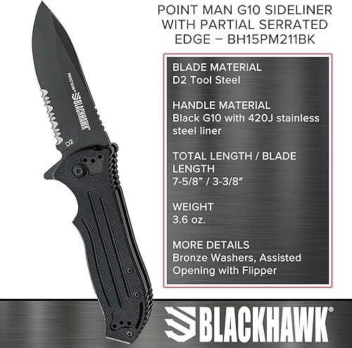 Miniatura 2 de BLACKHAWK POINT MAN Cuchillo G10 Sideliner 3-38 pulgadas parcialmente dentado D2 herramienta hoja de acero con mango G10 (BH15PM211BK)