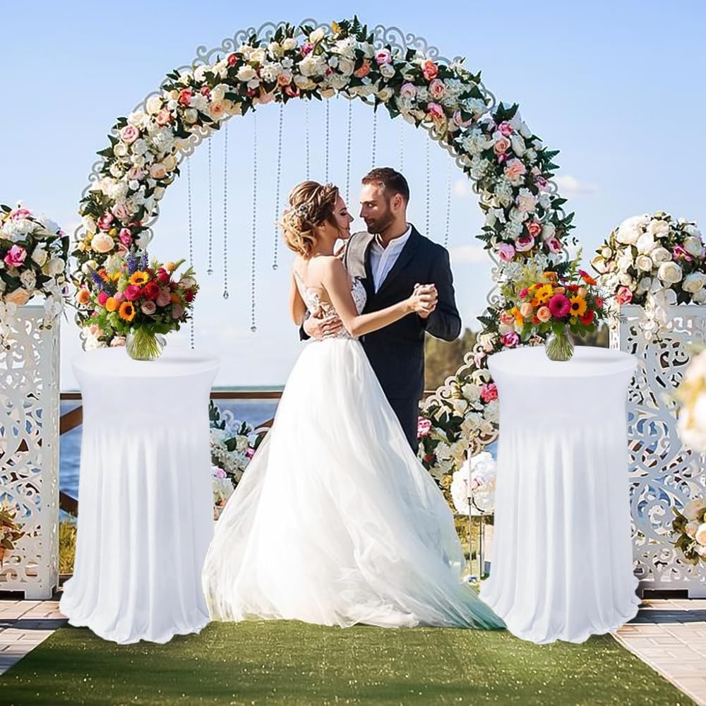 5 Pack White Cocktail Table Covers - 32 x 43 Inch Stretch Spandex Cocktail Tablecloths with Skirt Round Stretch High Top Table Cloths for Party, Bar, Pub, Wedding, Banquet, Birthday