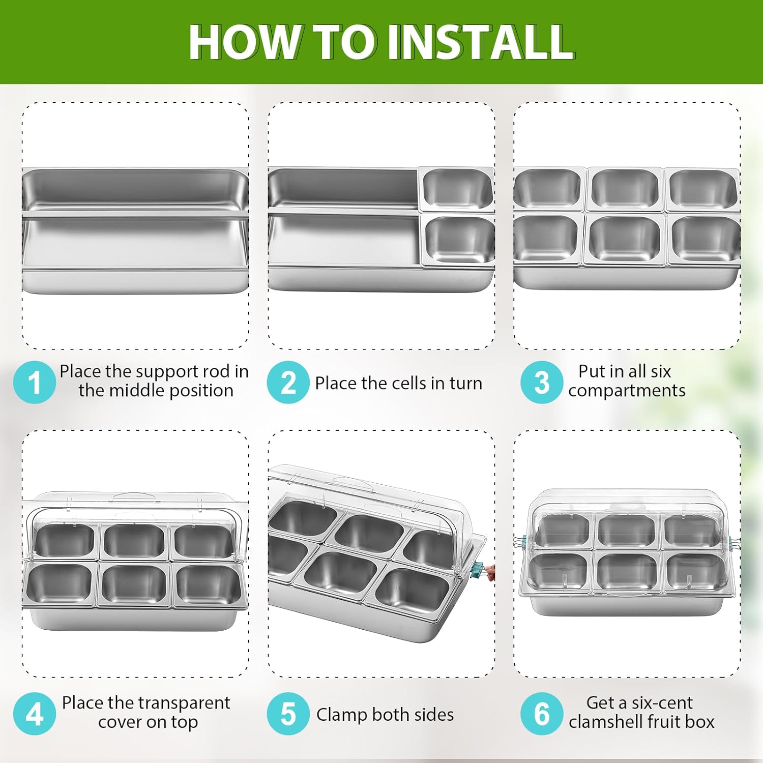 6 Pan Countertop Ice Food Serving Display Container with Clear Roll Top Cover, Stainless Steel Serving Tray Buffet Condiment Dispenser for Restaurant Hotel Kitchen Party
