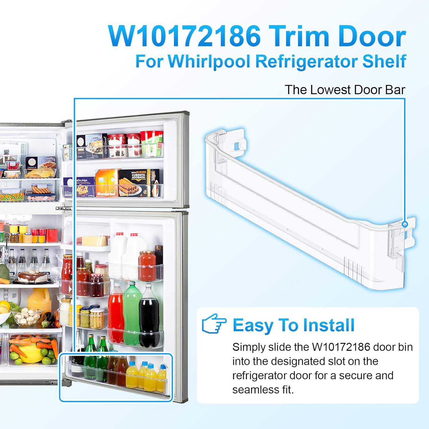 UPGRADED WPW10183971 W10172186 Refrigerator Door Shelf Bin Compatible with Whirlpool Refrigerator Shelf Replacement Part W10183971 Door Shelf Bar Kenmore Fridge Door Shelf Replacement Bottom Door Trim