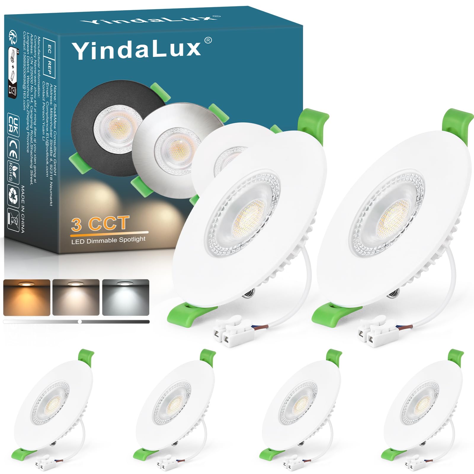 YindaLux Recessed LED Spotlight 230V Dimmable 7W 700LM – White Ceiling Spot, 60-75mm Hole Size, IP65 Bathroom Recessed Lighting – Warm 2700K | Neutral 4000K | Cool 6000K (6-Piece Set)