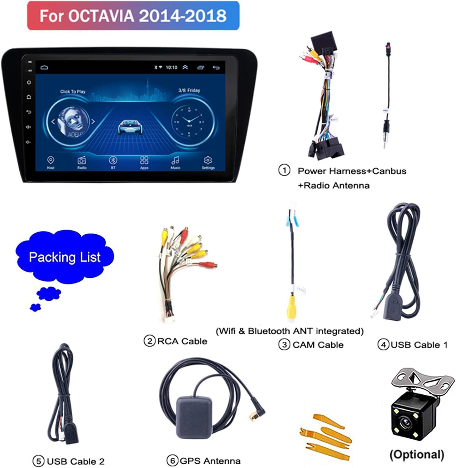 Double Din Car Stereo with Android 8.1 Car Radio 10.1 inch Touch Screen in-Dash Multimedia Player for Skoda Octavia 2014-2018 with Mirror Link,Steering Wheel Control,CD,DVD,FM Radio