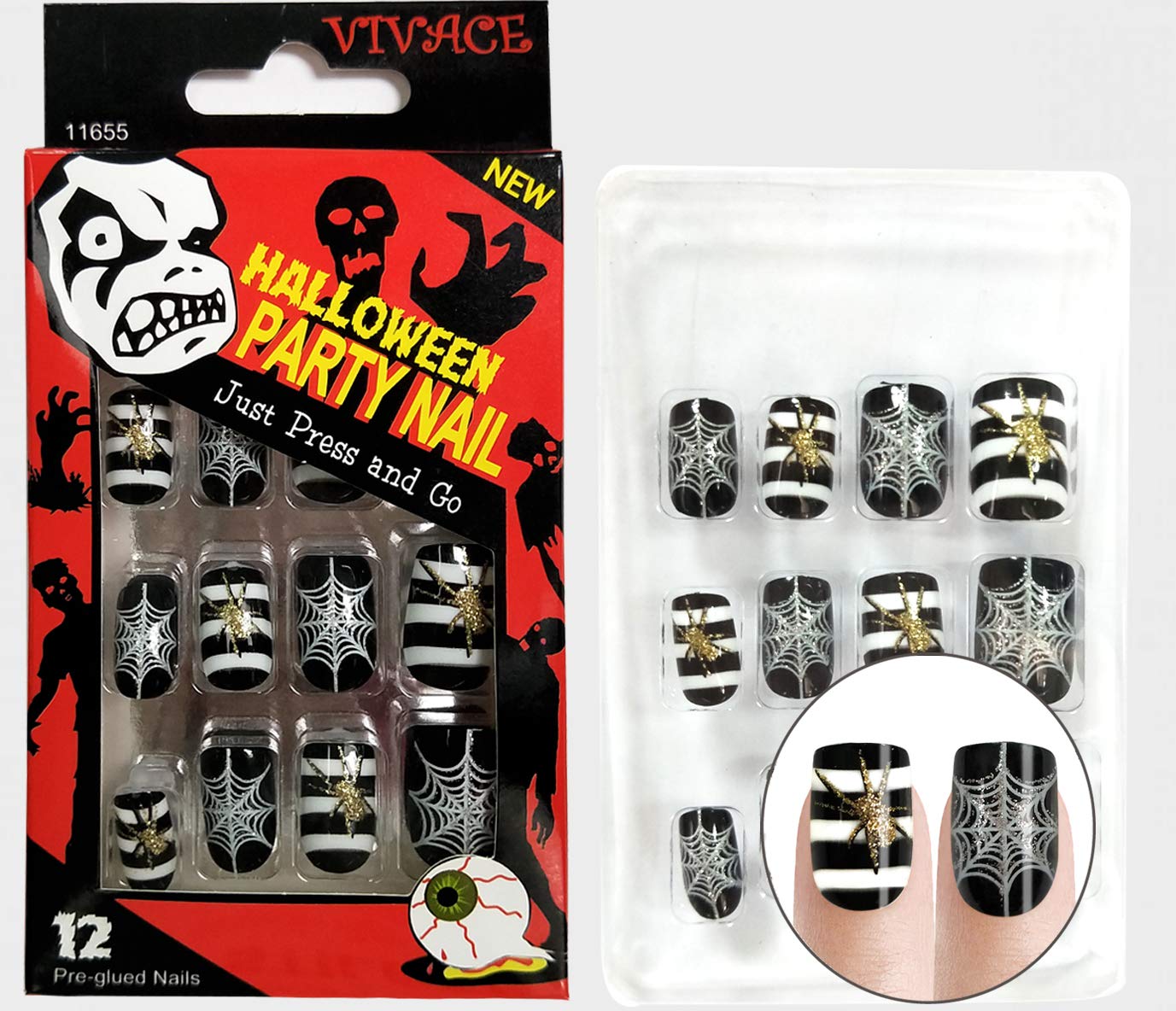 Vivace 5Pack 60tips Press On Halloween Novelty Nails, Sticker Nails (Tarantura)