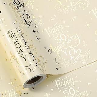 LeZakaa Happy 50th Anniversary Wrapping Paper Roll, Gold Foil 50th Anniversary & Hearts, Golden Wedding Anniversary Party Favors for Couple, Parents, Mini Roll, 17 inches x 16.4 Feet