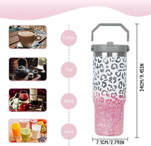 Miniatura 3 de Rcvlauf Vaso con estampado de leopardo de 30 onzas con asa, popote abatible, taza de café con estampado de leopardo rosa, con asa, a prueba de
