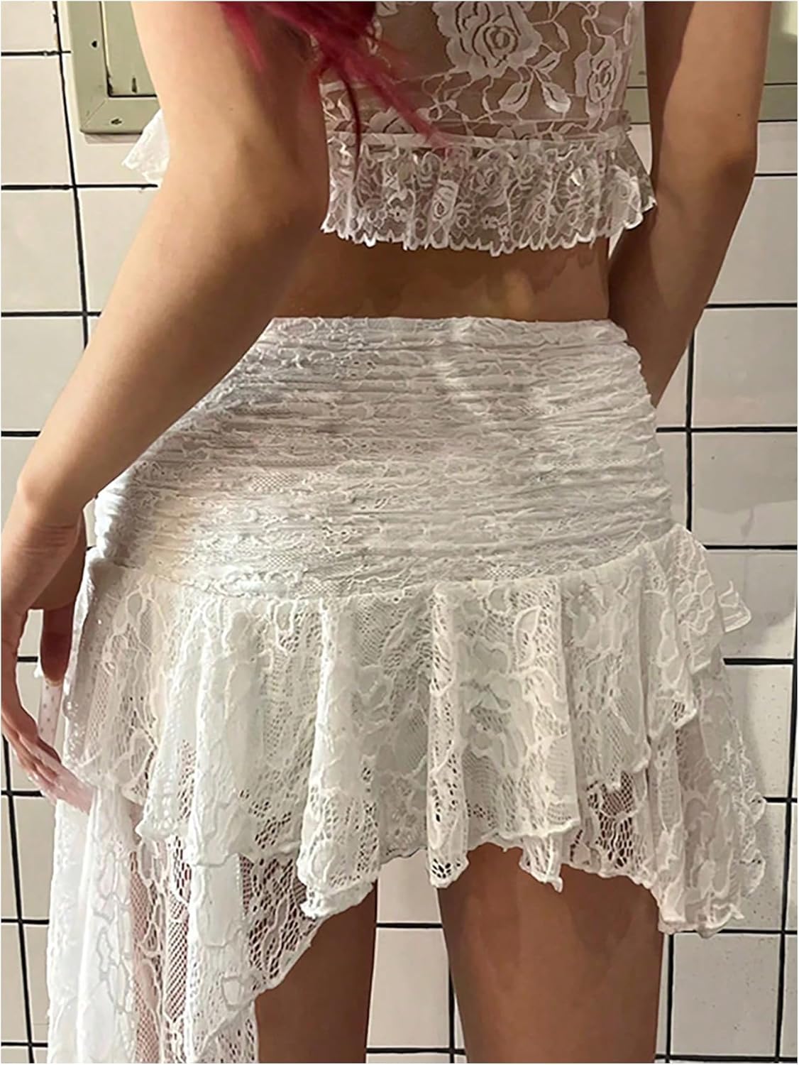 OYOANGLE Women's Plus Size Floral Lace Sheer Ruched Mini Skirts Textured Ruffled Y2K Elastic Waist Short Skirts - Image 2