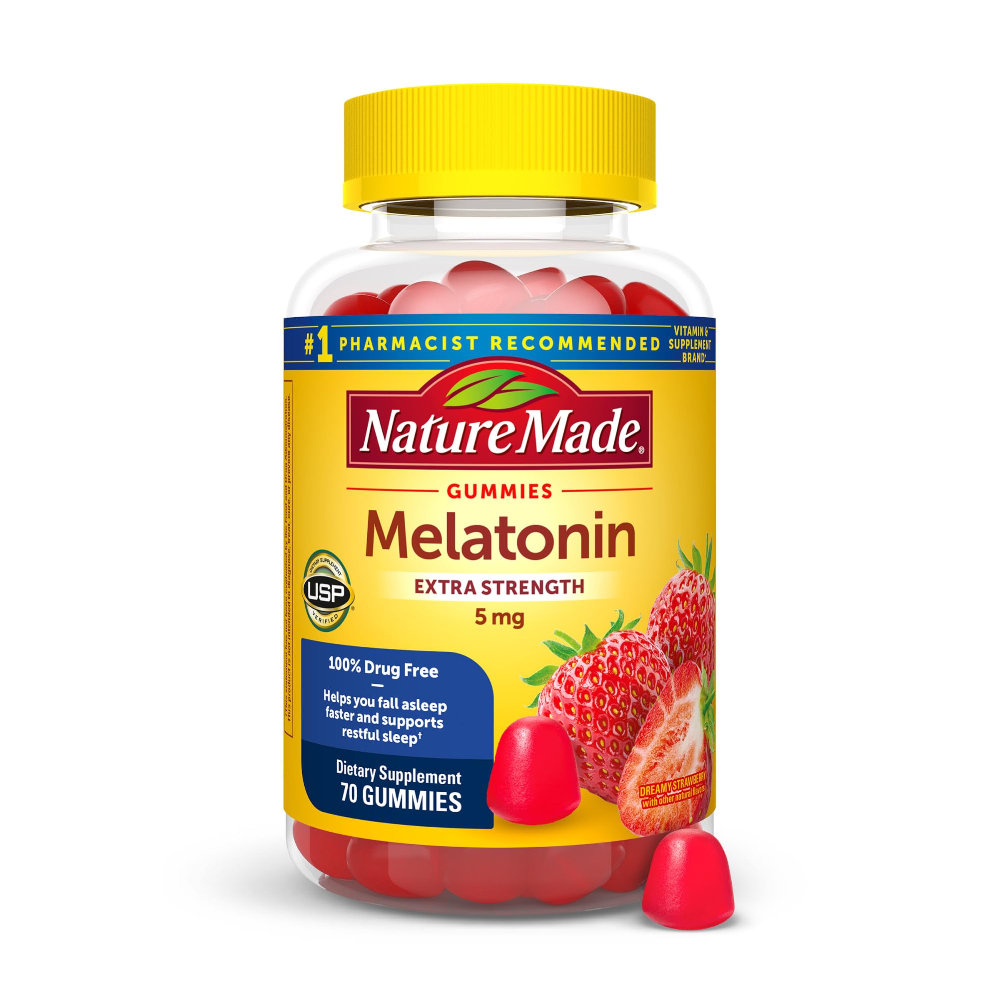 Nature Made Melatonin 5mg Adult Melatonin Gummies, 100% Drug Free Sleep Aid, 70 Gummies, Extra Strength