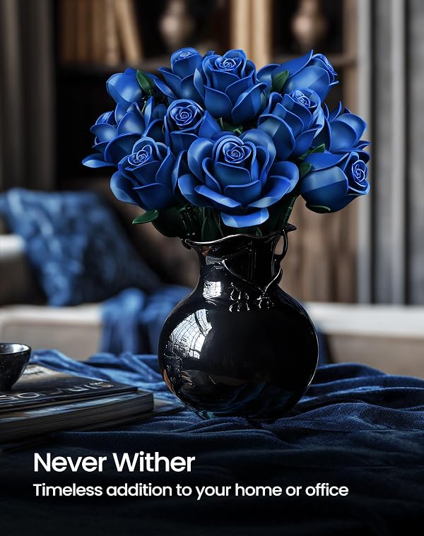 iATOM Blue Rose Bouquet Building Set, 12Pcs Flowers Botanical Collection for Adults, for Her/Girlfriend/Mom/Wife/Couple, Vintage Home Office Table Centerpiece Decor Aesthetic by iATOM - Image 6