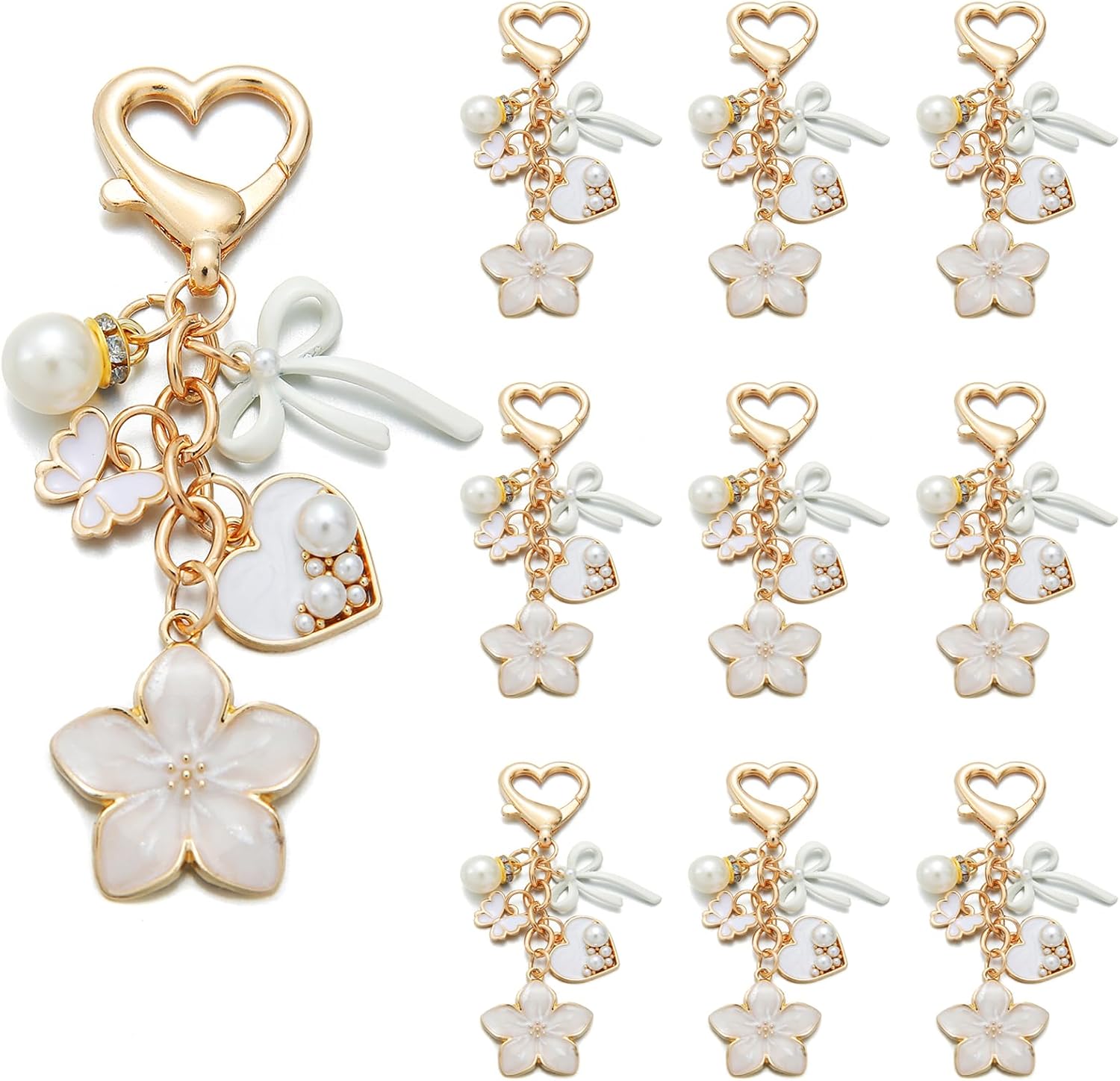 PHAETN 10PCS White Cosmetics Heart Shape Charm Keychain Ladies Key Ring with Pearl Flower, Butterfly Bow and Handbag Pendants Wedding Festival Favor Birthday Gift for Women Gift