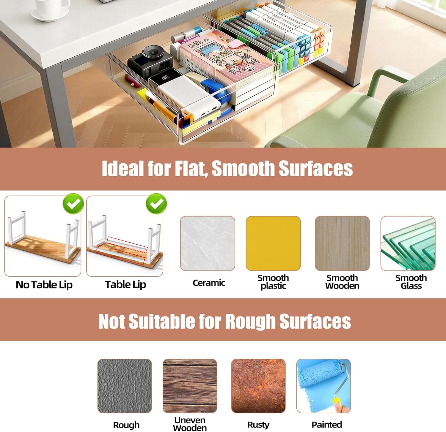 TooCust 2-Pack Under Desk Drawer for Desk with Frame & Beam, Fits Where Standard Drawers Can't, 52mm Heightened Slide Out Organizer, Dual Adhesive or Screw Mount, Clear PET Under Table Storage