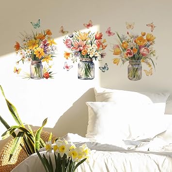 Colorful Flower Vase Butterfly Wall Stickers, sacinora Floral Art DIY Wall Decals Removable Vinyl Peel and Stick for Living Room Bedroom Nursery Study Room Decorations