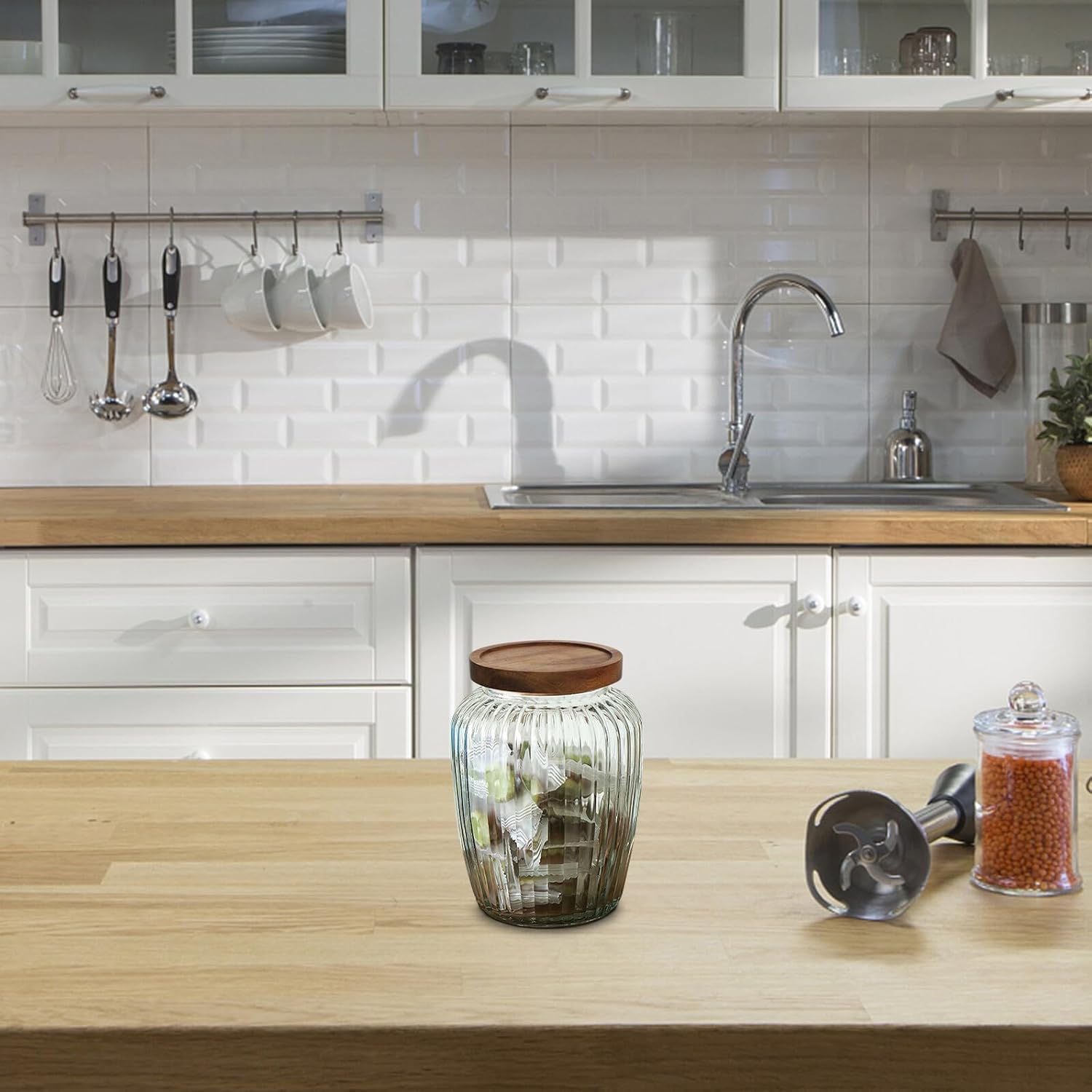 VICASKY Glass Grain Storage Jar 2200ml with Airtight Lid Vintage Acacia Wood Cover Sealed Food Canister for Pantry Organization